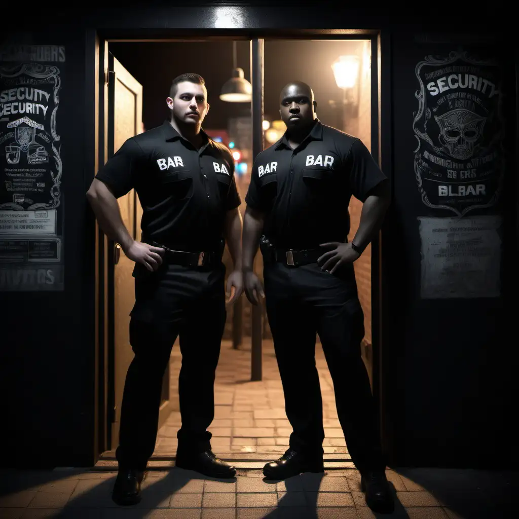 Two security guards, one is white, the other is black, standing by a door to a bar, wearing only black shirts and black pants at night, realistic