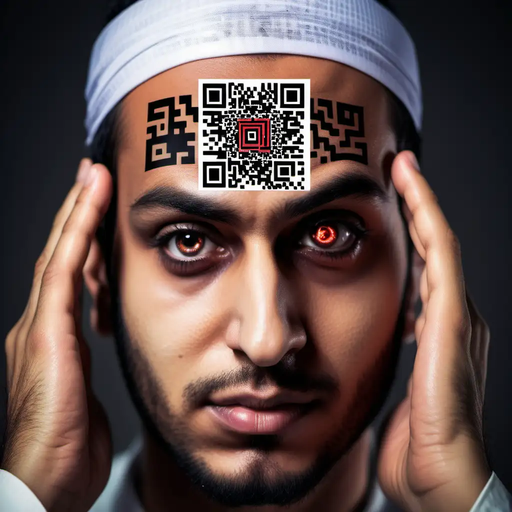 Arab Man with Demonic QR Code Tattoo on Forehead and Hand