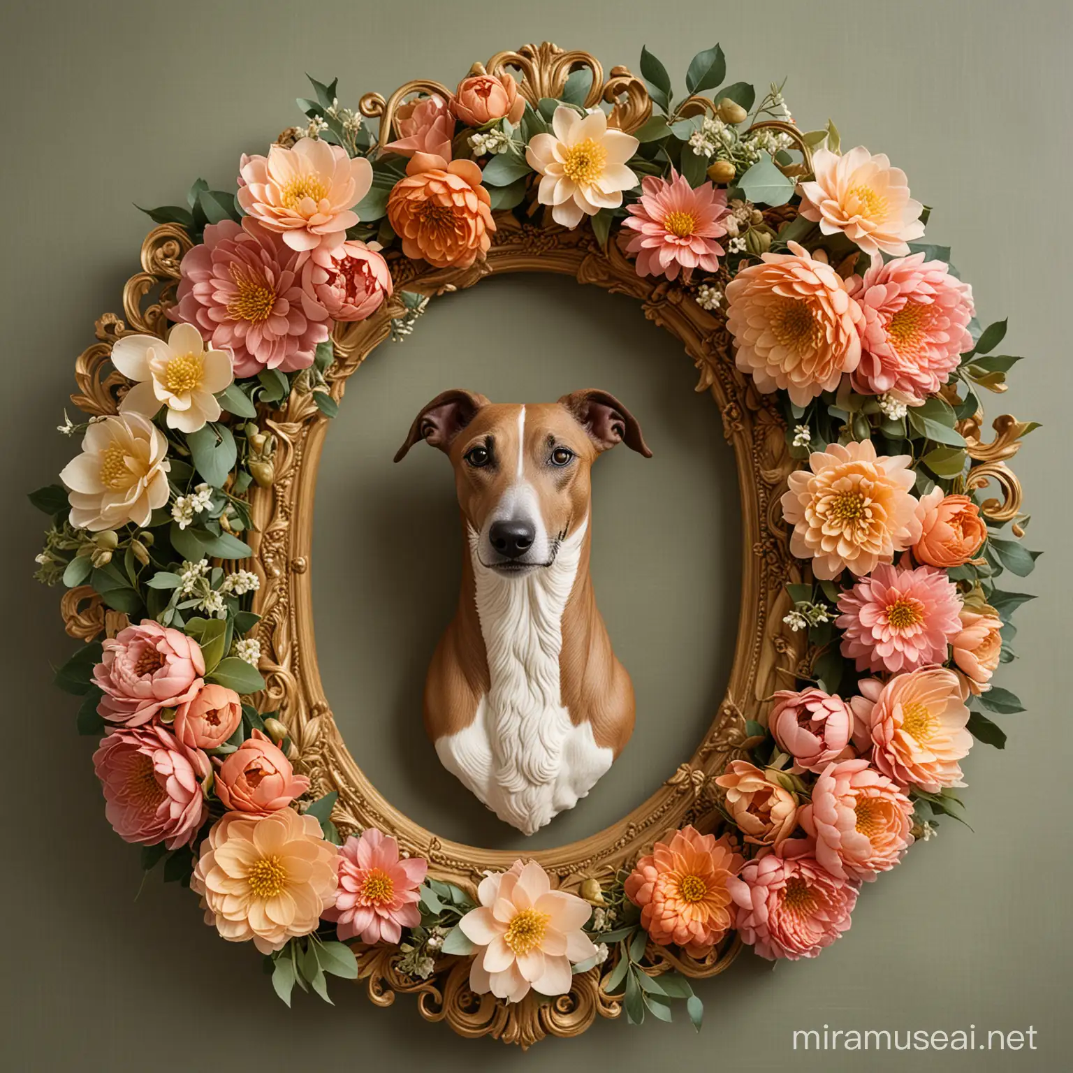An oval gold picture frame with carved in flowers, draped in garlands of eucalyptus leaves and flowers, hellebore flowers, peony flowers and dahlia flowers. A bust of a brindle colored greyhound surrounded by chinese paper lanterns is inside the frame. 
