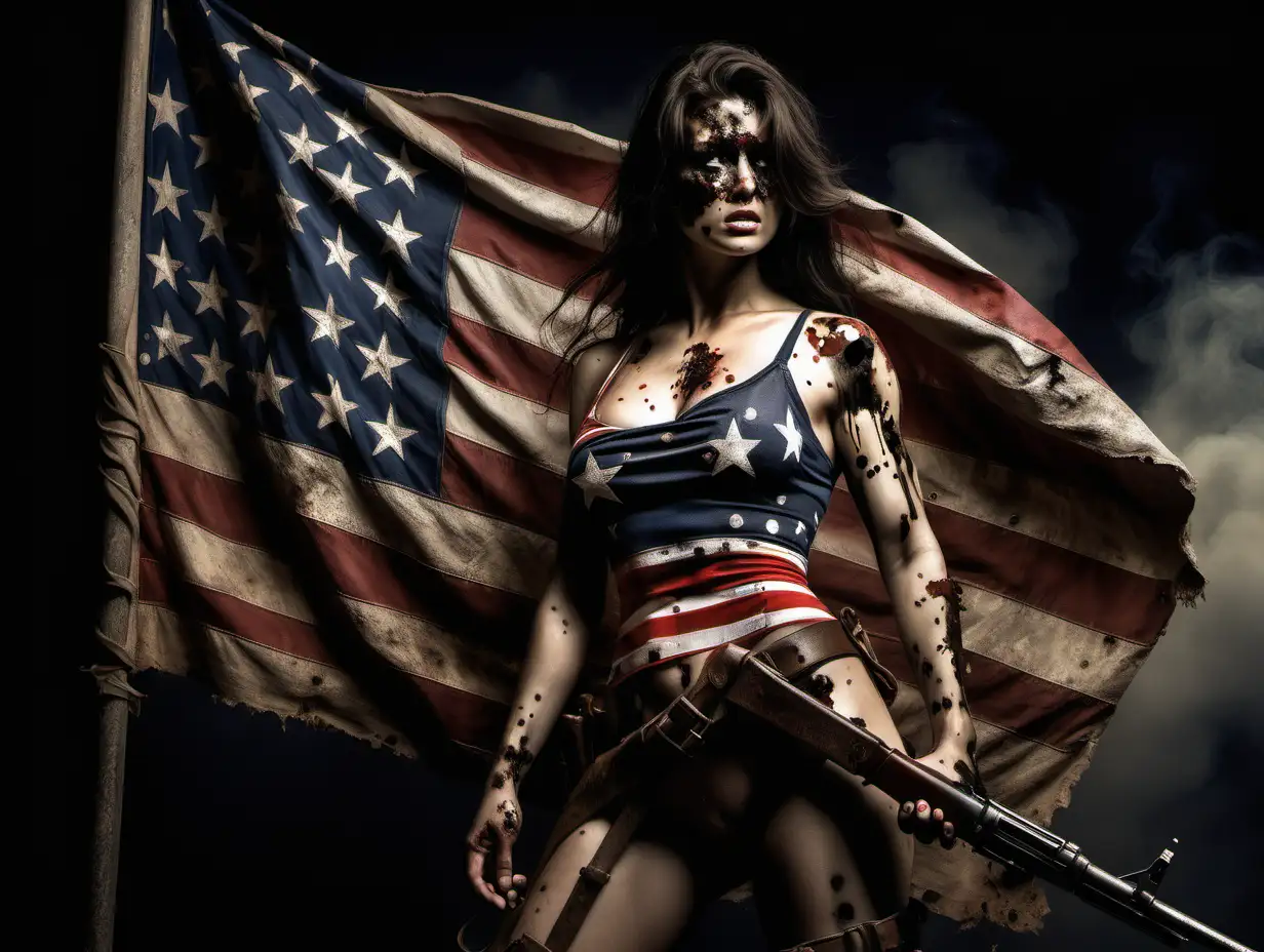 battle worn with bullet holes 1776 American flag in style of realism by frank frazetta and annie leibovitz, emotive and moody and muted, dark background