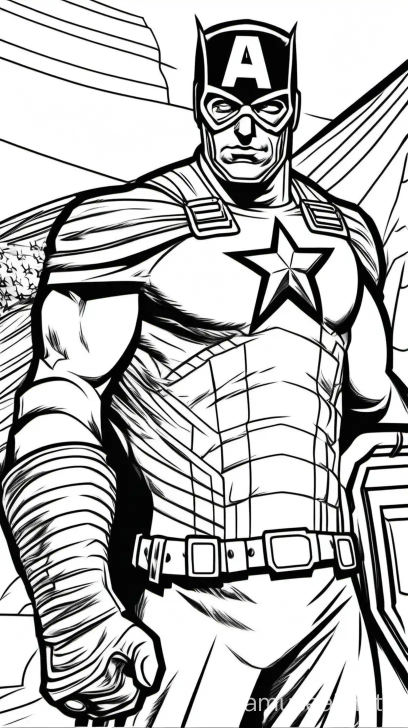 Coloring page for kids, CaptianAmerica, Cartoon style, thick lines, low detail and no shading --ar 9:11