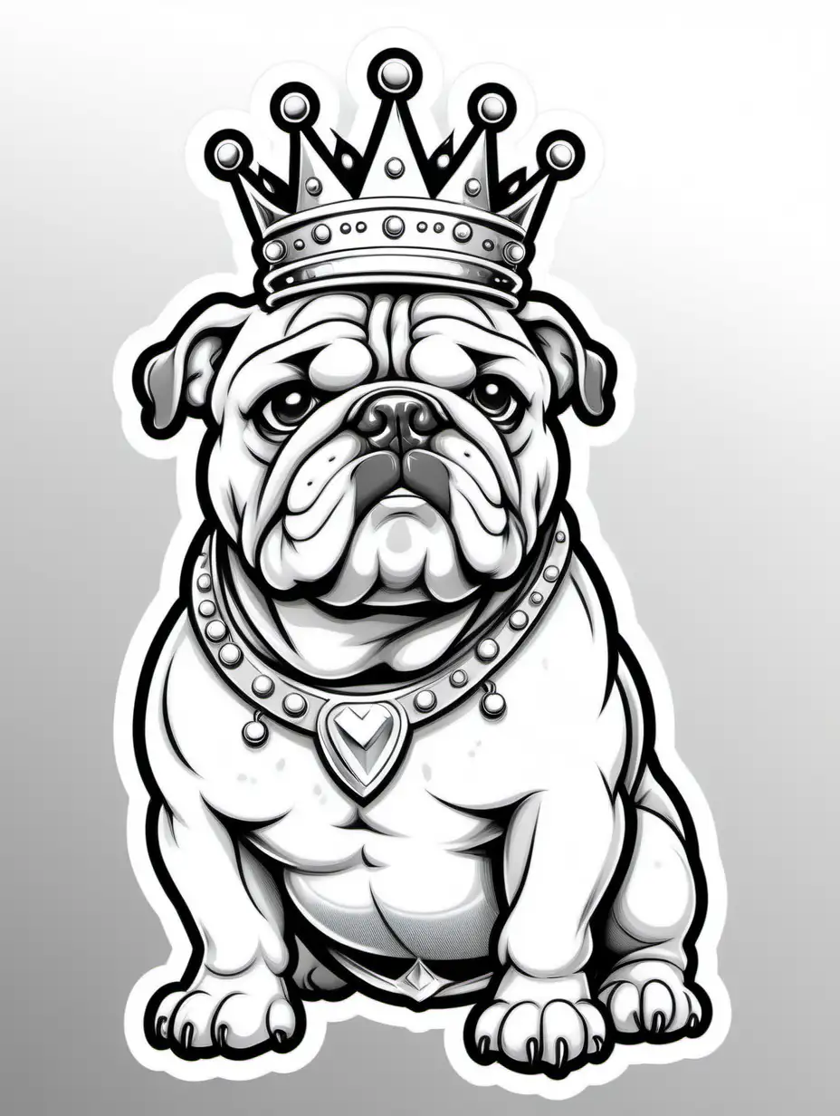 cartoon, bulldog wearing a crown, sticker, black and white coloring book image