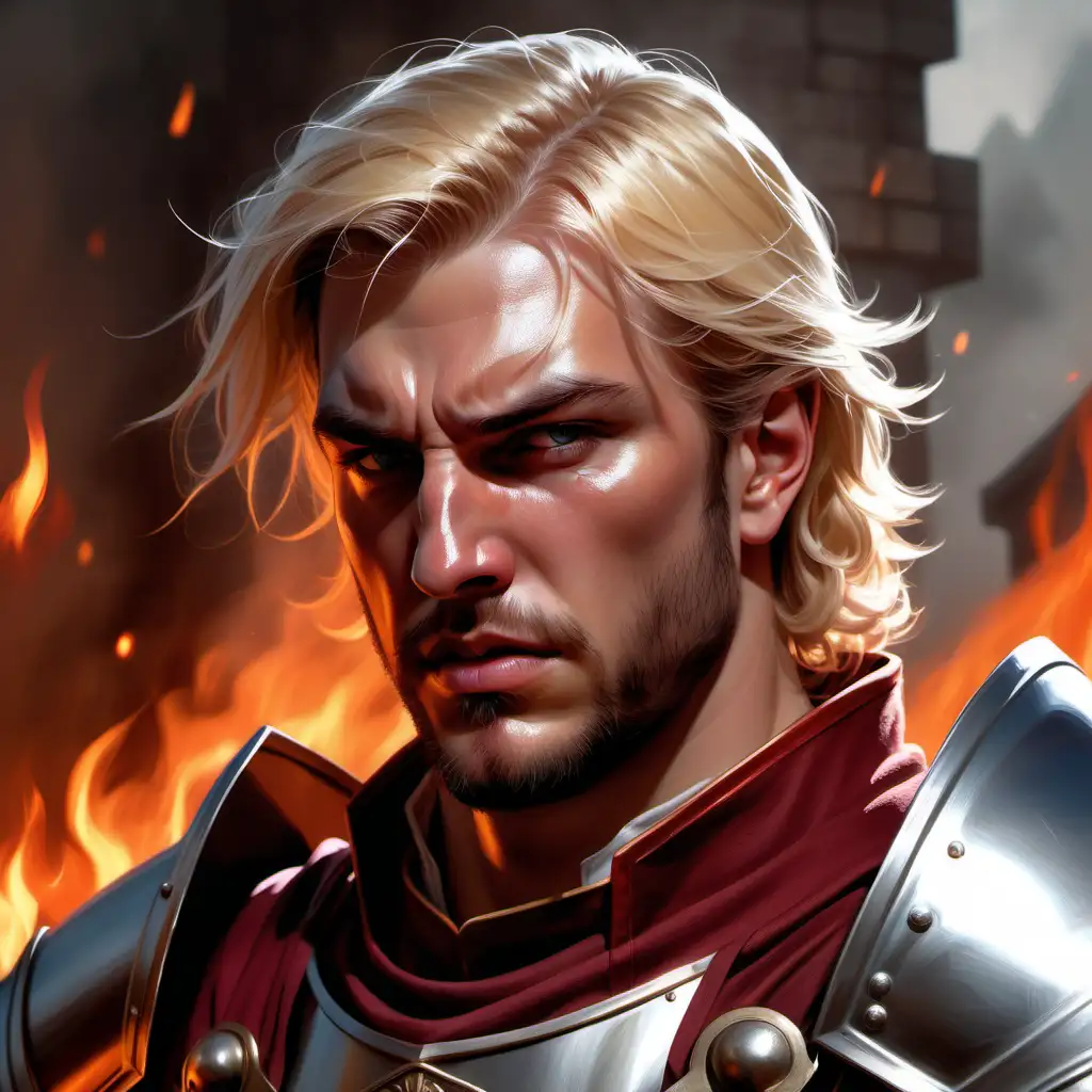 angry, fire in background, short beard stubble, paladin, male, blonde shoulder length slicked hair, knight, rugged , close up, d&d, highly detailed, digital painting, artstation, sharp focus, fantasy art, character art, illustration, 8k, art by artgerm and greg rutkowski


