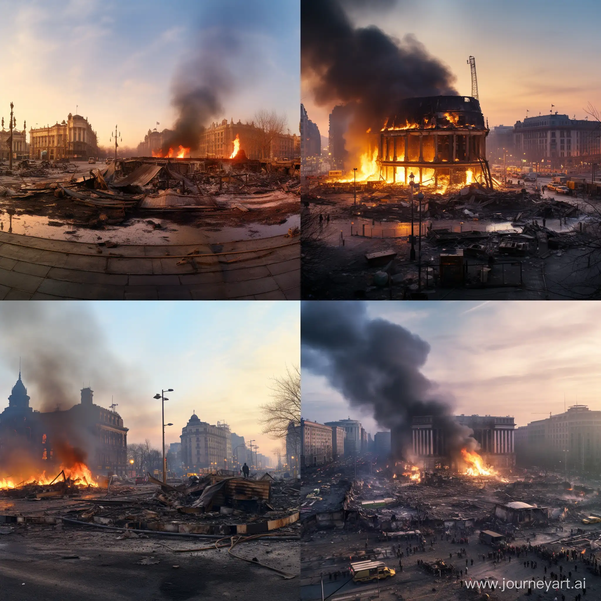 panorama of burning Maidan Nezalezhnosti, the central square of Kyiv after bombing