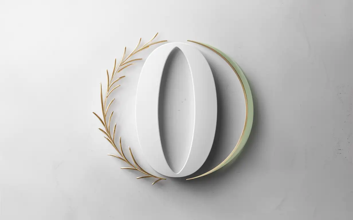 Logo(without text): long white oval paper with golden light green border.
Background: white