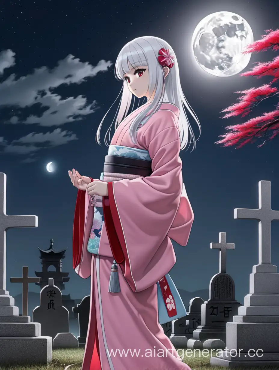 аниме девушка в розовом кимоно с красной обводкой и лунно-белыми волосами повернута к нам спиной на ночном фоне рядом с кладбищем
