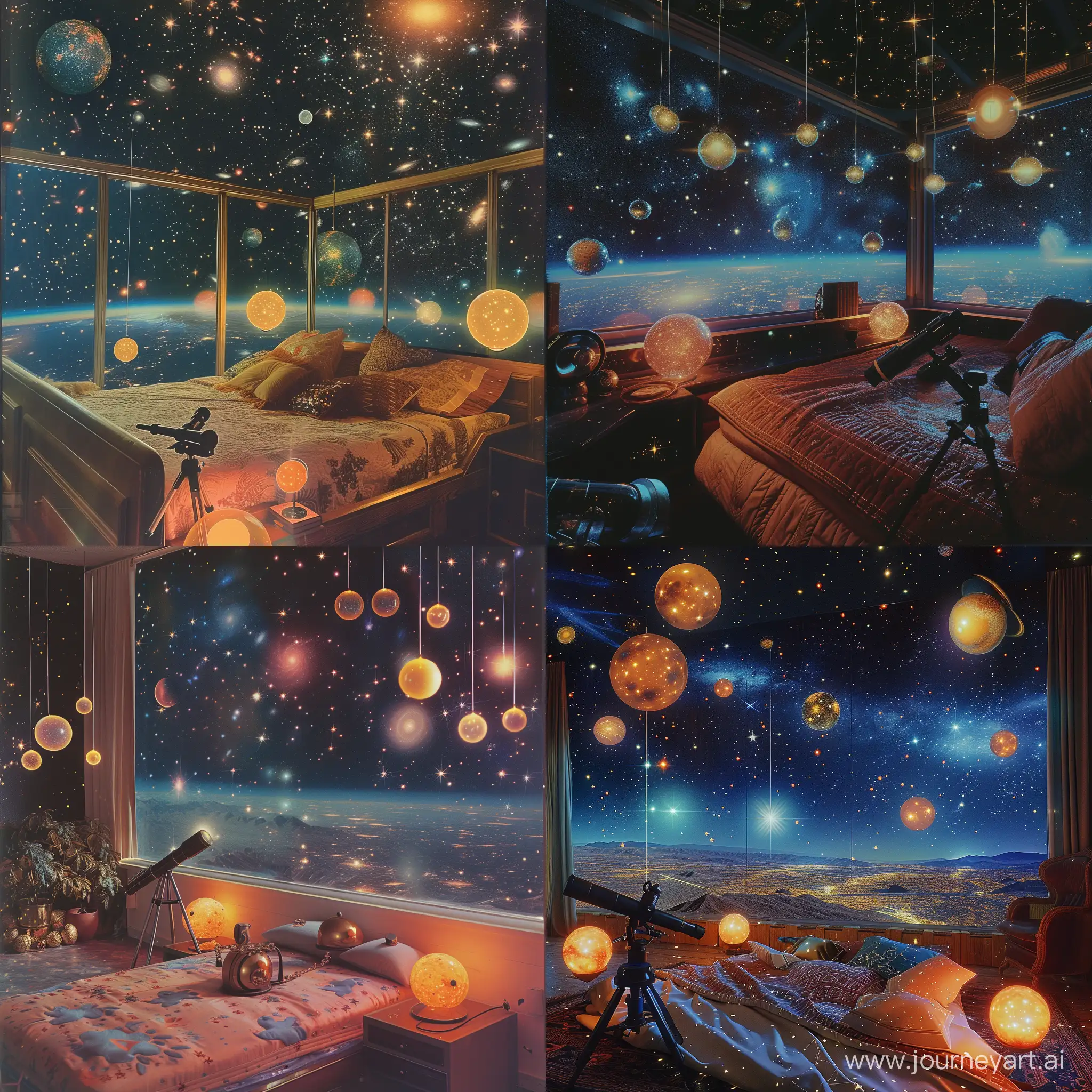 a bedroom, Nighttime; galaxies and stars sparkling in the cosmic void, Overlooking a breathtaking panorama of distant nebulae and celestial wonders,  Bed adorned with constellations, floating orbs as bedside lamps, and a telescope that grants glimpses into distant realms. ,1970's dark fantasy style, aesthetic, detailed