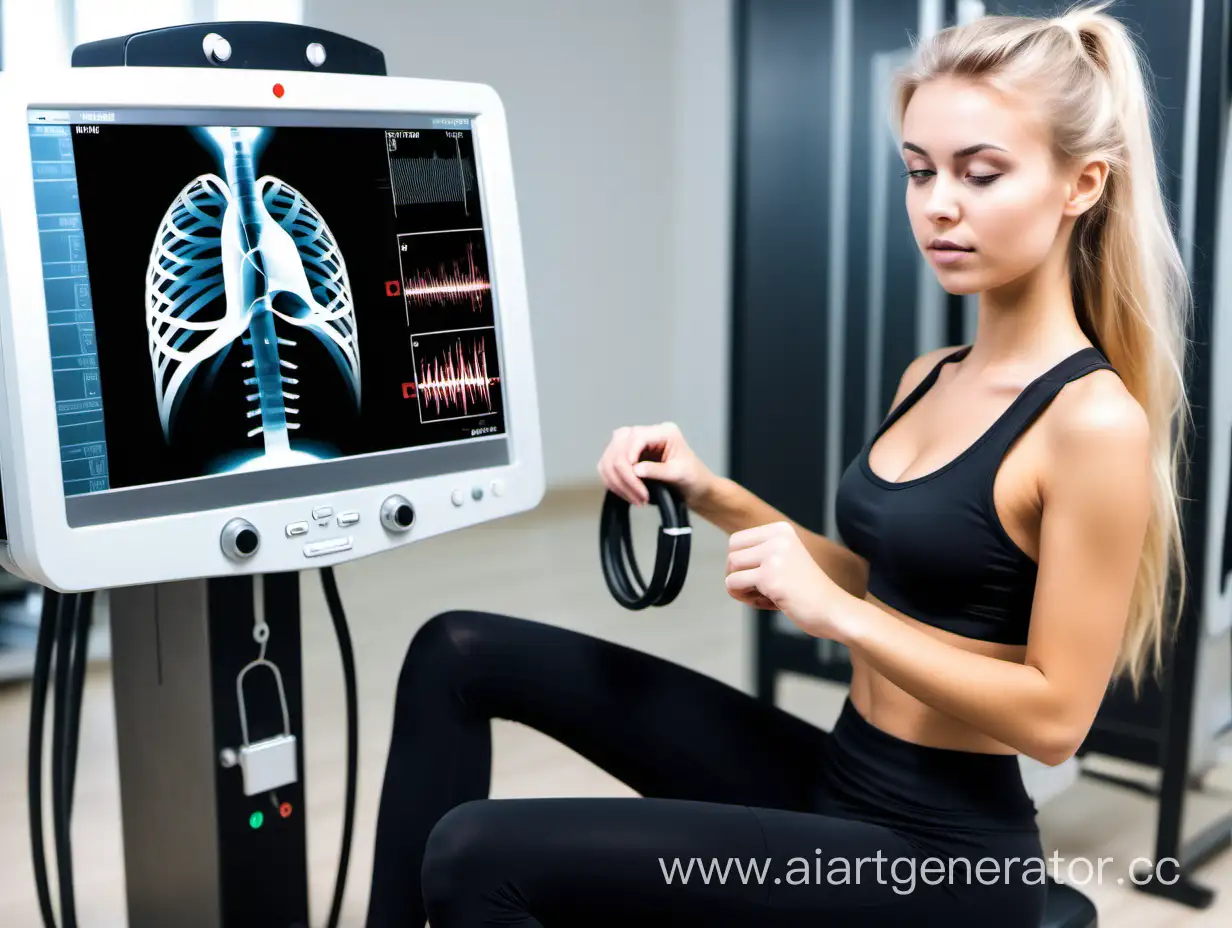 Tan blonde girl with black leggings hooked up to heart rate monitor and x-ray machine to her lungs