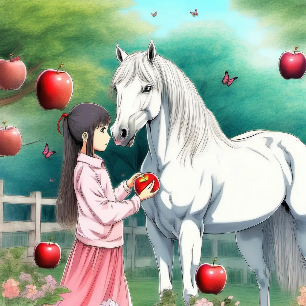Anime art, a white horse looking interested at a big red shiny apple, handed over by a young girl, surrounding of an Asian park, flowers and butterflies, soft pastel colors, pencil drawing 