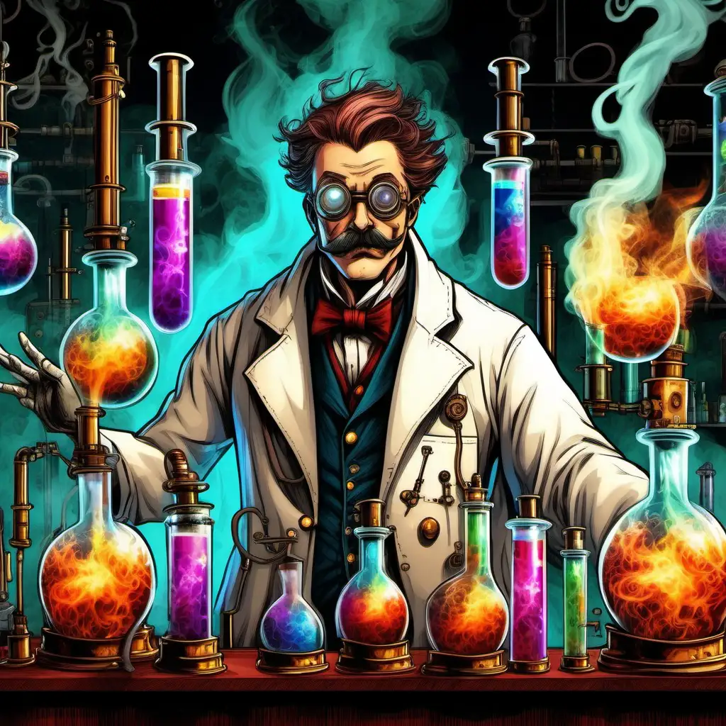 un scientifique fantaisiste sans moustaches, en blouse blanche, qui fait des expériences en manipulant des esprits sous formes de fumées dans des tubes dans un laboratoire dégueulasse mais beau. En mode steampunk avec des flammes à la place de la tête. Moins académique. Plus de couleur. Dans les fioles, des âmes humains qui représente les dynamiques sociales. Des visages humains dans les fioles. Pas de moustaches sur le visage du scientifique