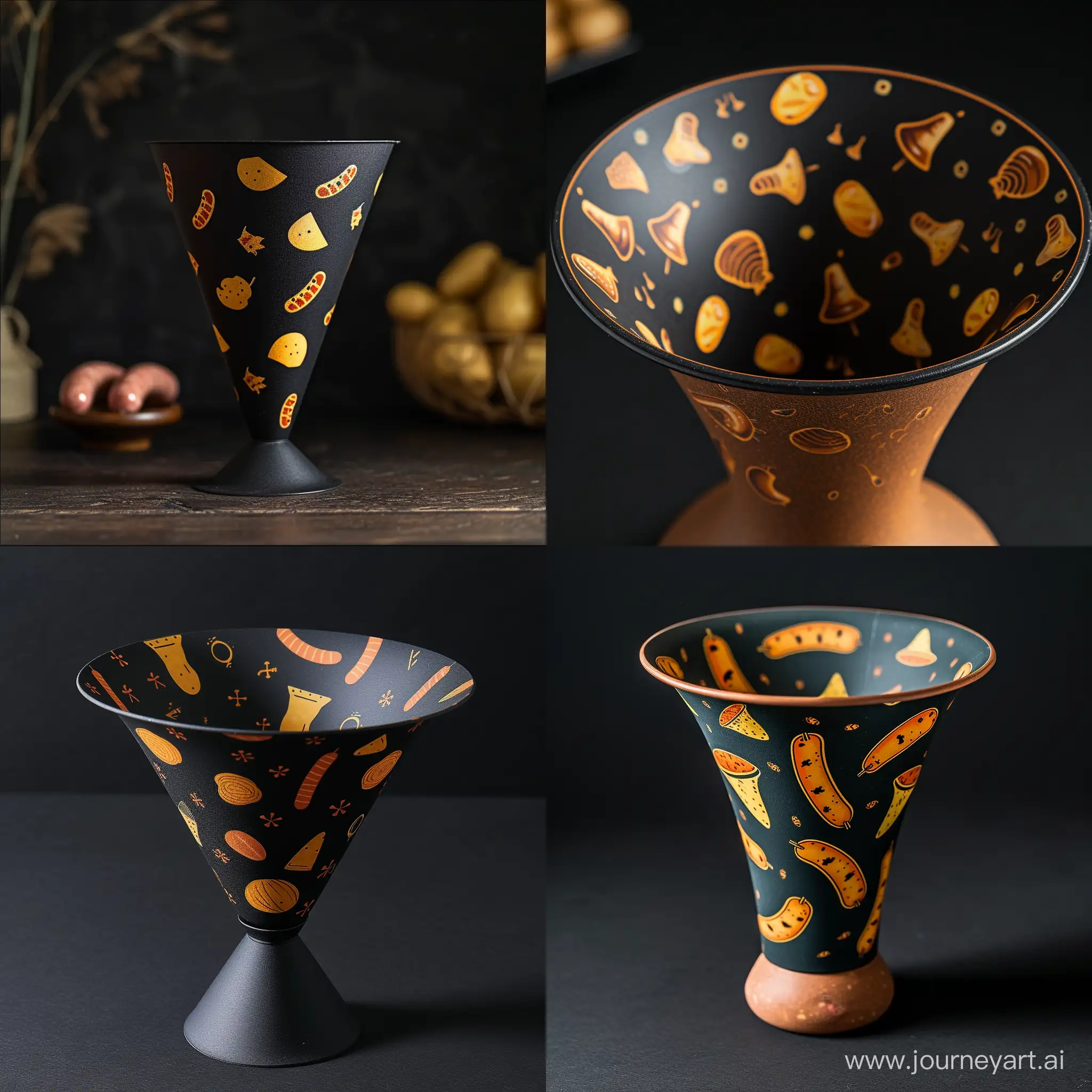 An empty potato funnel with a design on it with a beautiful matte black background. Small pictures of sausages and potatoes are designed on it in yellow and orange colors.