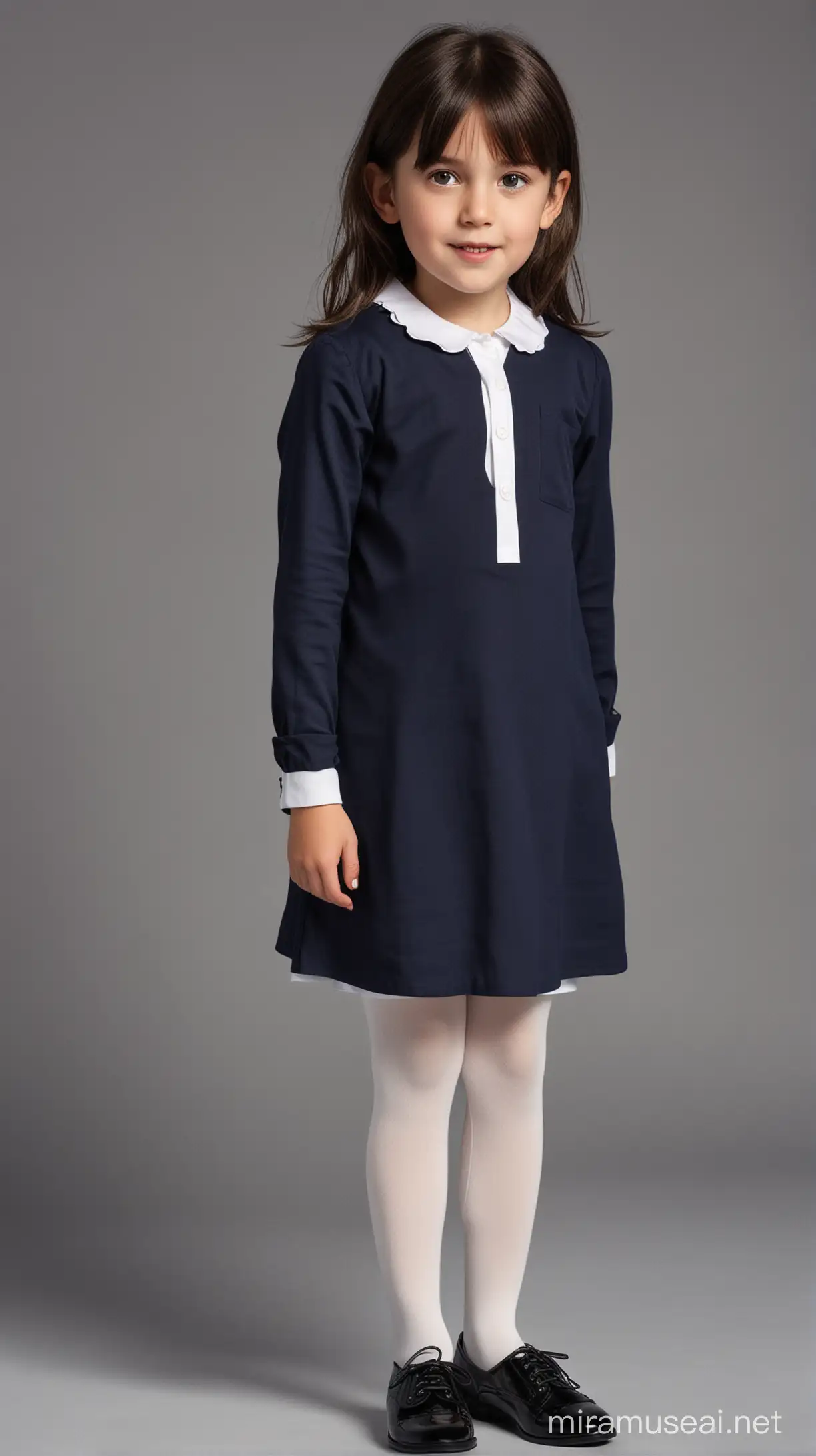 small girl wearing navy blue tunic over white shirt and tights on legs with black shoes, straight dark brown hair, realistic.