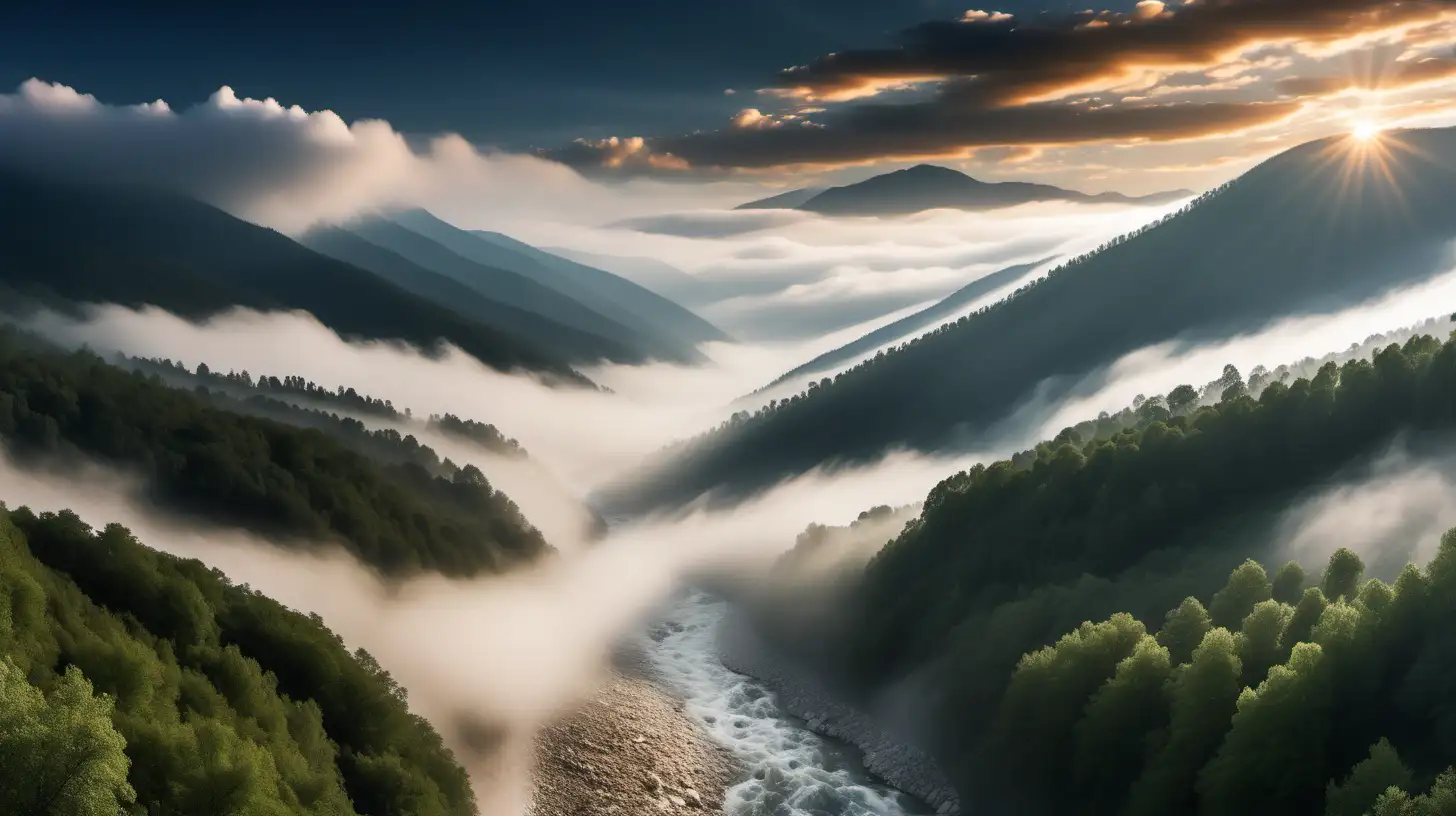 beautiful rolling mountains, high altitude fog, majestic sky, flowing river rapids,  