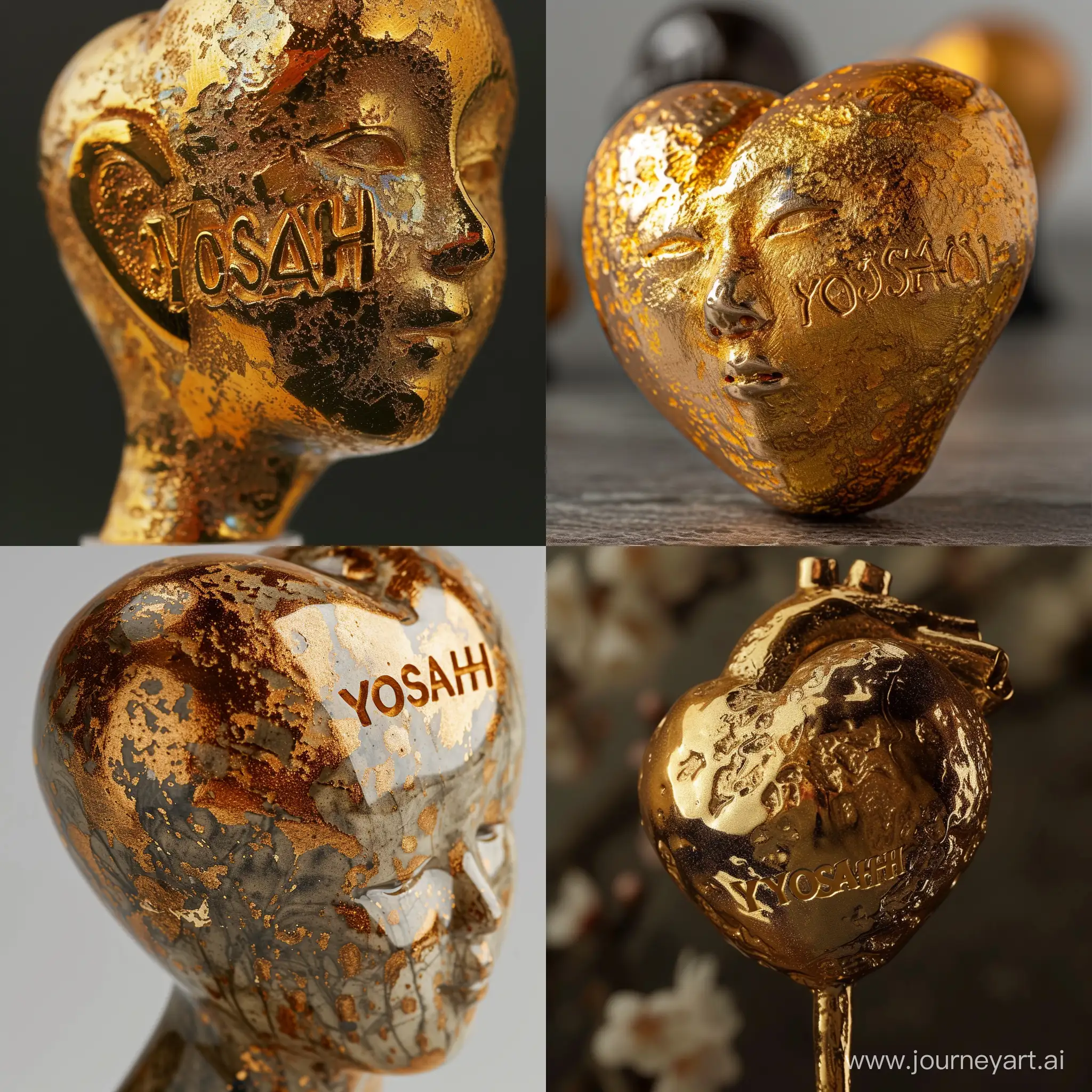A very close-up of the head of a gold ink heart engraved with the word "YOSASHI" engraved in it. --ar 1:1 --s 100 --style raw --v 6 