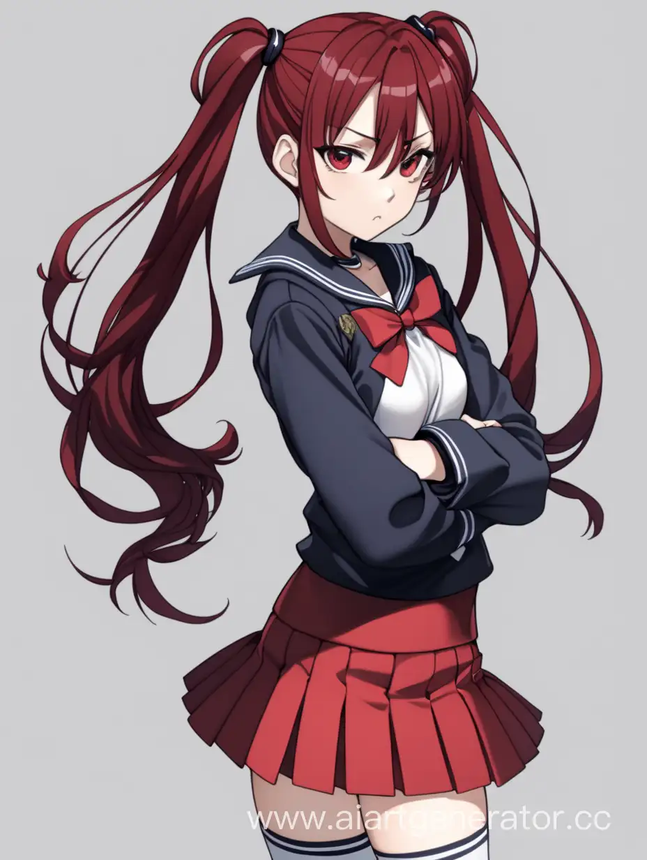full body view anime girl young adult. She wears a sophisticated red and black sailor fuku uniform and thigh socks. She has dark red hair tied in a pony tail that drapes over her side. annoyed expression and pose. 