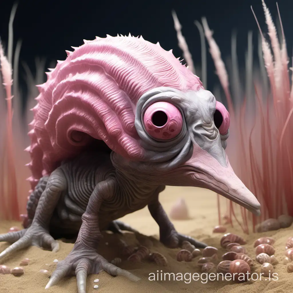 A grey creature with pink hair from a scaly hide, a snout is a compromise between a beak and a prehensile nose, big flat ears, three different pairs of legs. His skin is grey and hangs in folds under eyes. The ground under him is a mixture of sand, ooze, dry reed stems and snail shells.