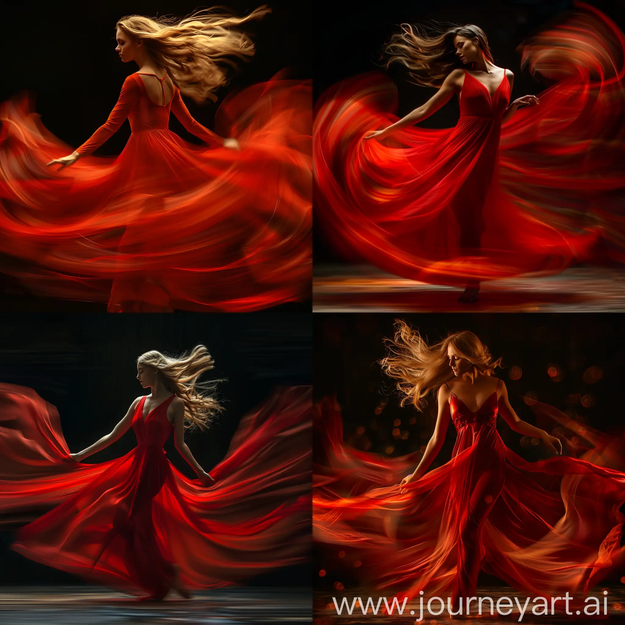 Dynamic motion photography of a female dancer, a long flowing red dress, in the style of motion blur, long exposure effect, dark background, bokeh --stylize 250