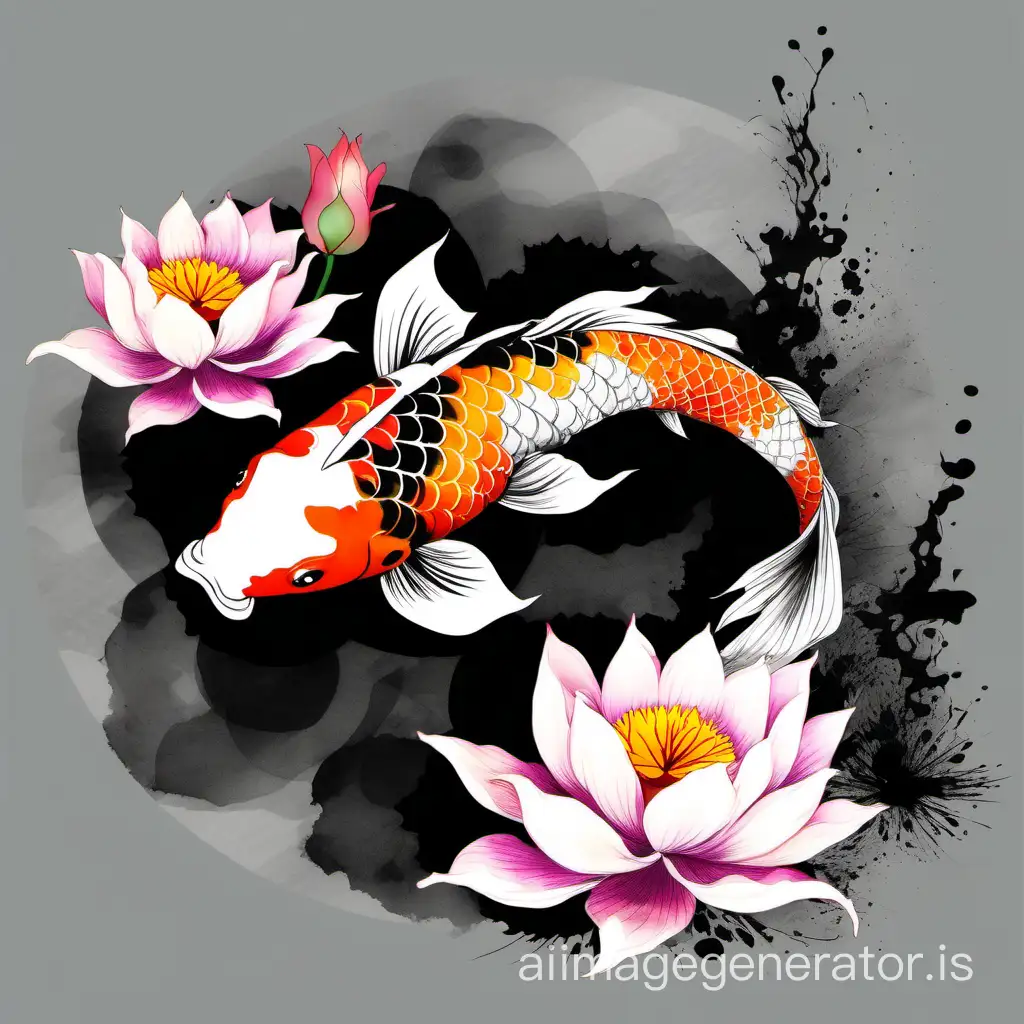 Abstract single koi fish with lotus flowers around, sumi-e japanese watercolor, color splash style, multicolor palette, black background