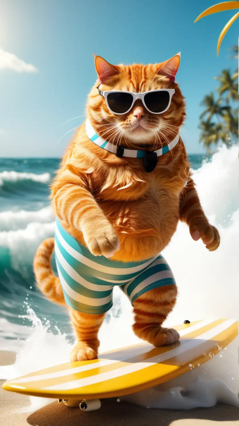 Chubby Ginger Cat Surfing in Beach Trunks and Sunglasses