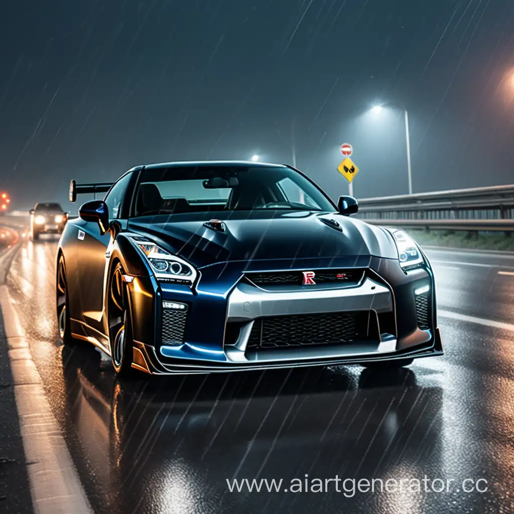 GTR едет по ночному шоссе в дождь
