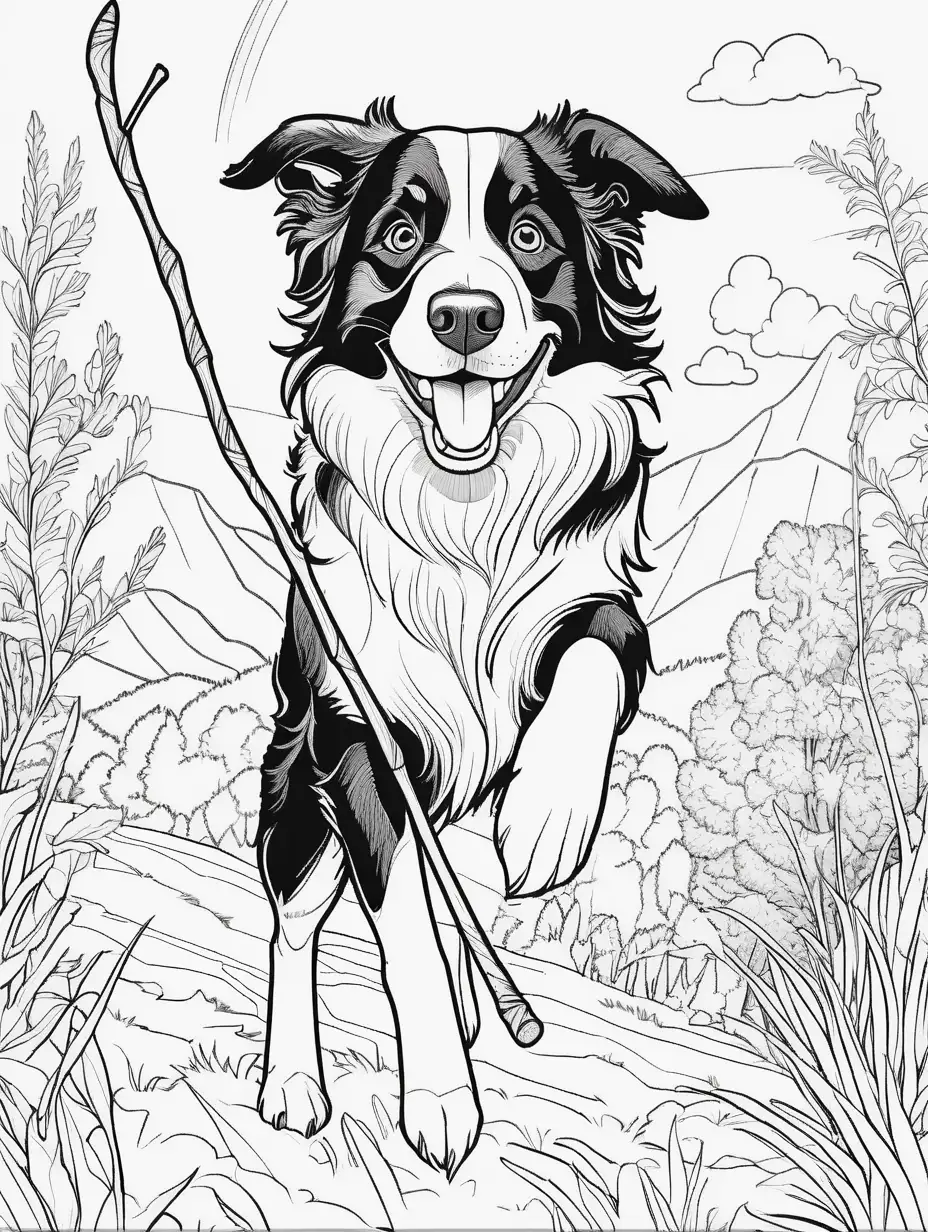 Adult Coloring Book page of a border collie playing with a stick, with thin lines, low detail, no shading
