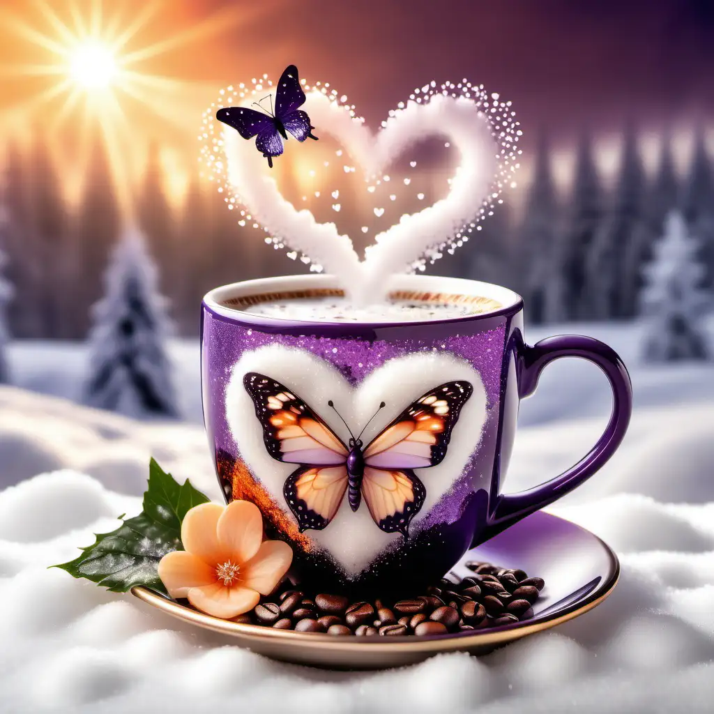Butterfly coffee cup, coffee beans, froth, steam in the shape of hearts, Dark purple, glittersplash, glitter dust, sparkle, in a beautiful winter country setting, peach color, mother of pearl, sun rays, multi colored sky line, snow drop flowers
