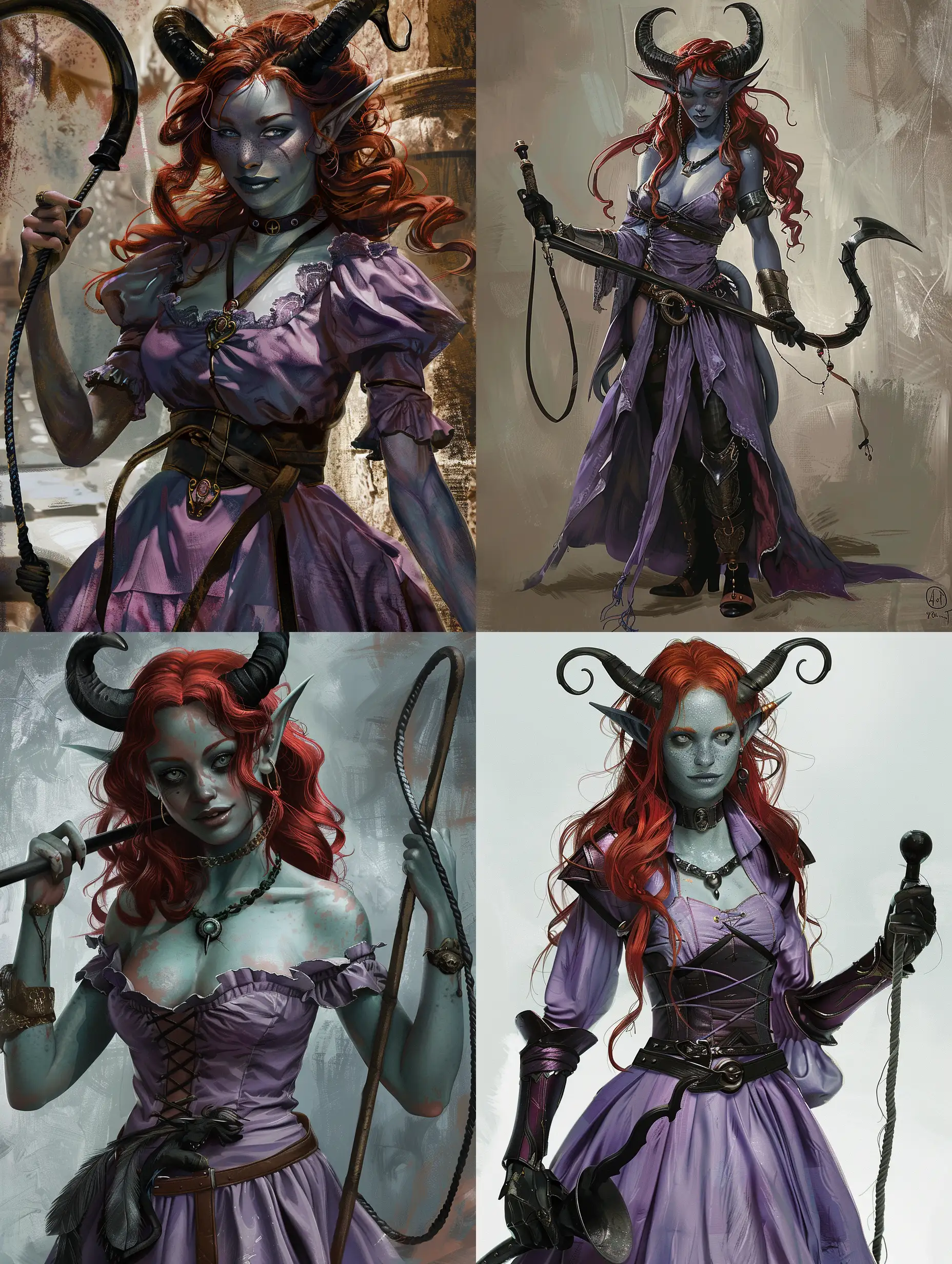 Sultry-Tiefling-Woman-Brandishing-a-Whip-in-Violet-Dress