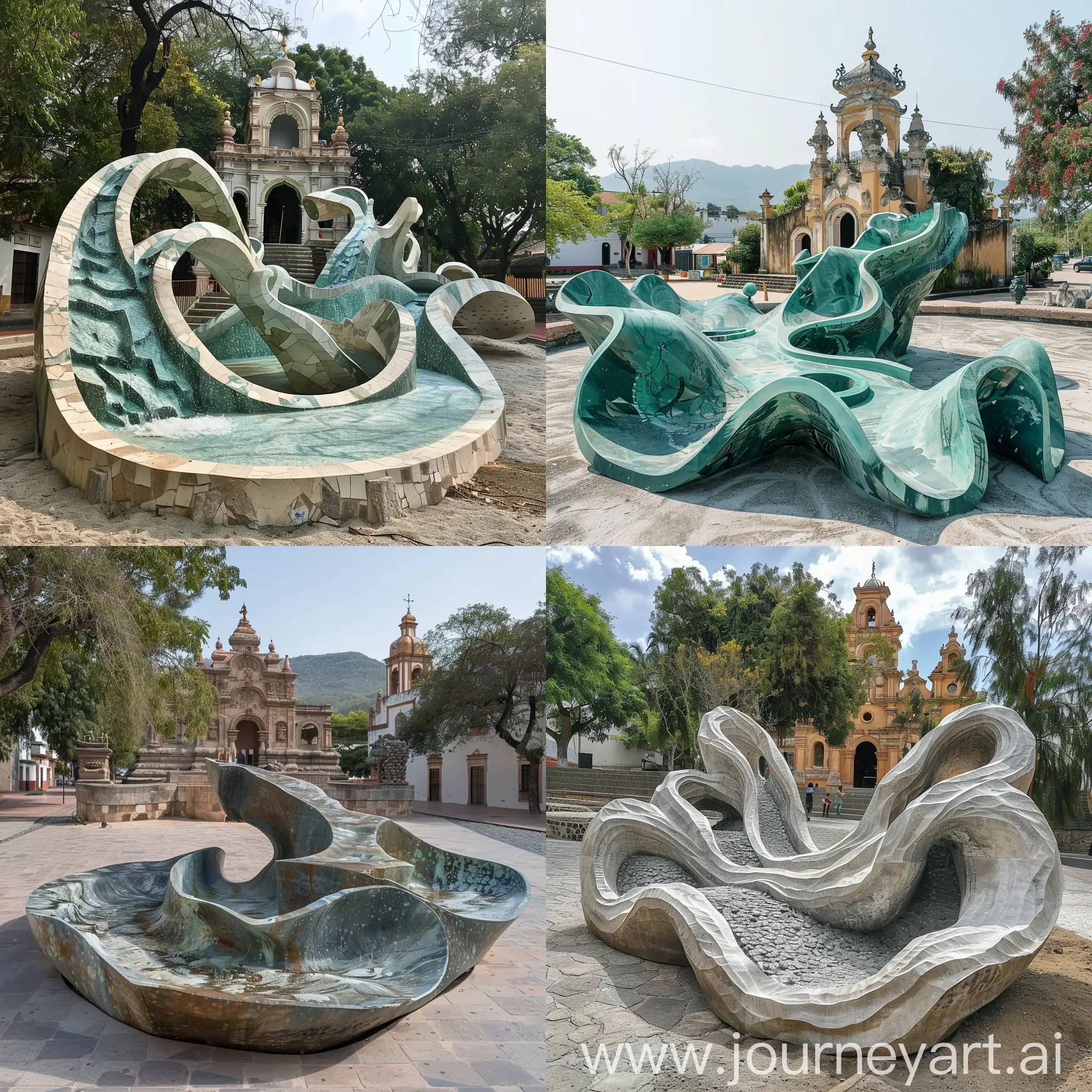 Una escultura urbana con el concepto del río las piedrotas frente a un templo en Tlaquepaque Jalisco 