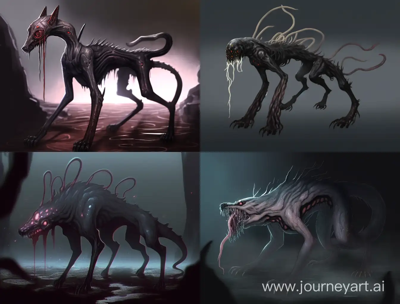Dark-Fantasy-Art-Eyesless-Mutant-Dog-and-Slender-Creature-Encounter-in-Kaijuinfested-Realm