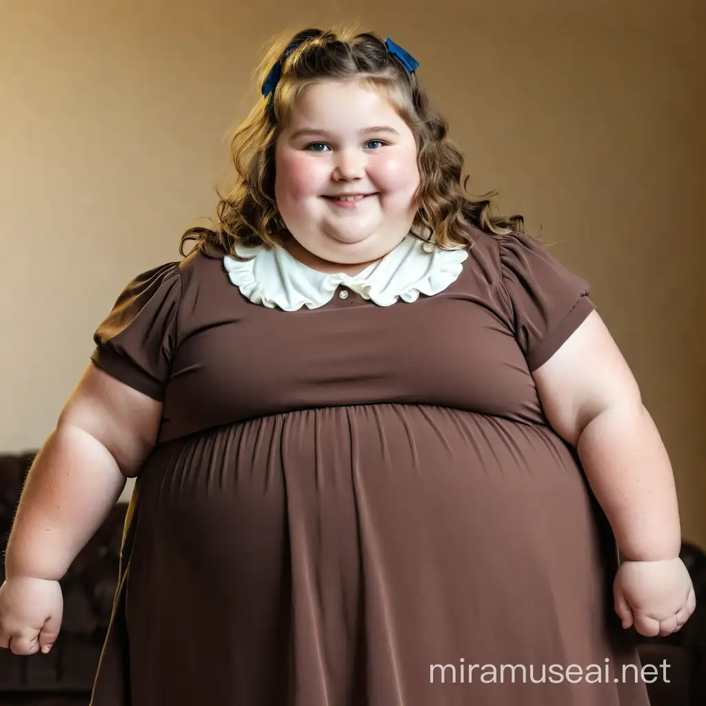  full length photo  10-year-old    beautiful  chubby cheeks      girl     ,     very fattest     morbidly obese ,   hanging big belly  , fat puffy rolls    arms ,    fat puffy rolls legs  ,     European appearance ,  short   dress ,           tousled   hair with  wavy   bangs        ,   smilng ,  pale skin, freckles                                                                             large beautiful blu eyes