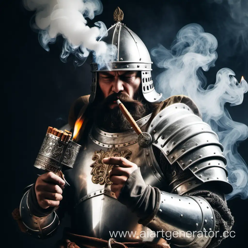Богатырь в броне курит сигарету. Он держит в руках большую современную металлическую зажигалку. В воздухе много сигаретного дыма