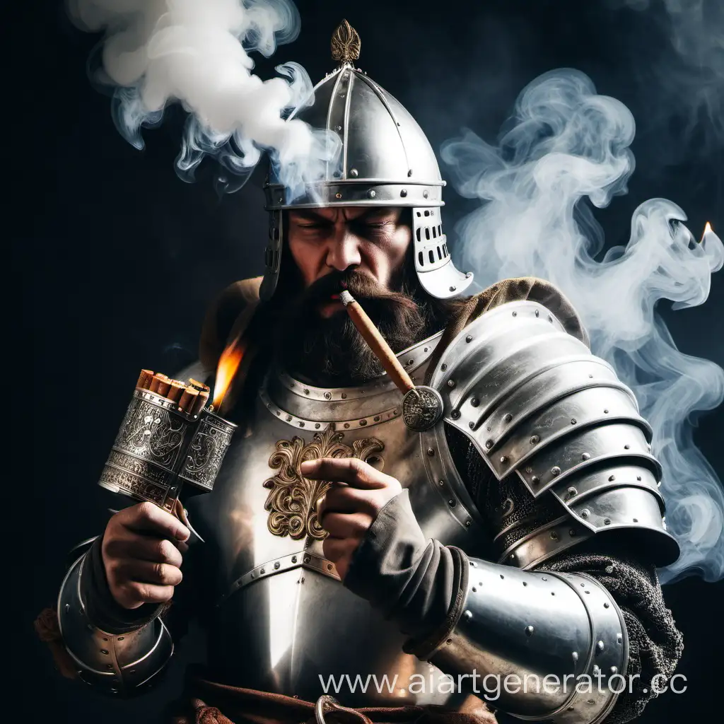 Modern-Bogatyr-in-Smoking-Armor-with-Metal-Lighter