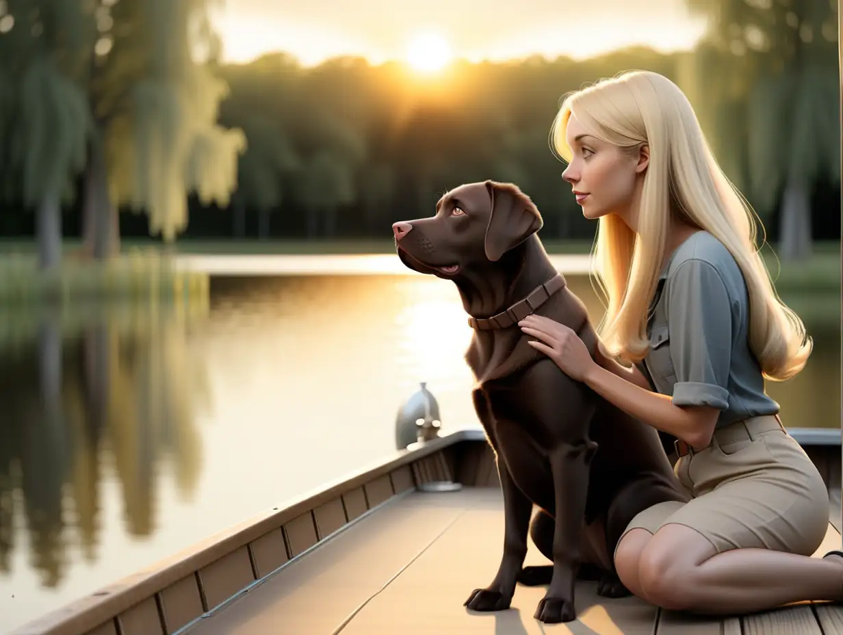 A chocolate labrador retriever sitting on a boat dock with a woman with long blonde hair. They are looking out over a pond with the sun setting in the background.  There are trees in the background. remove one dog.