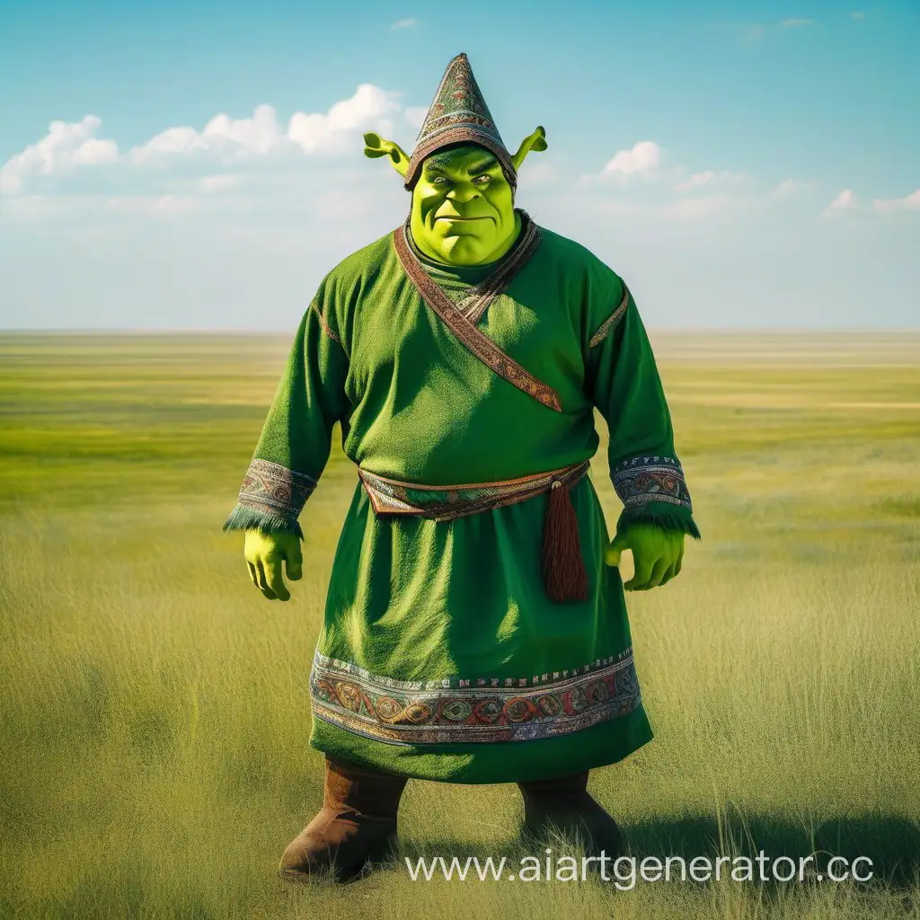 Shrek ogre with green skin from Kazakhstan wearing aiyr qalpaq headgear traditional kazakh clothes standing in the steppe