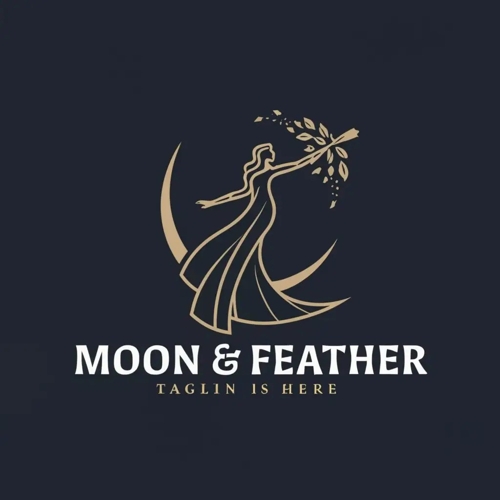 a logo design,with the text "Moon & Feather", main symbol:A woman with flowing robe and sparkles with arms outstretched behind her,Moderate,be used in Nonprofit industry,clear background