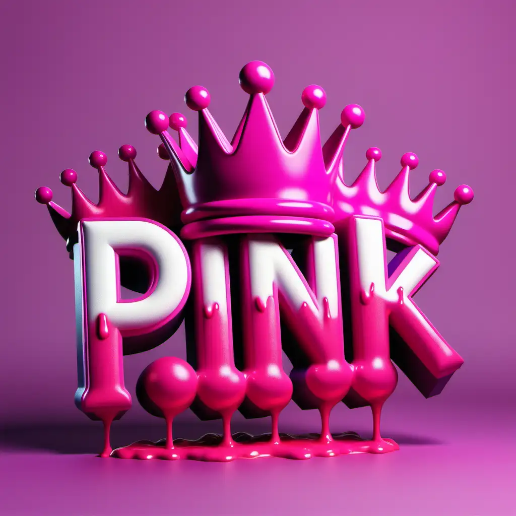 Logo of a buisness name pop of pink, Pink ,3D letters with a over sized crown with neon purple melting off 