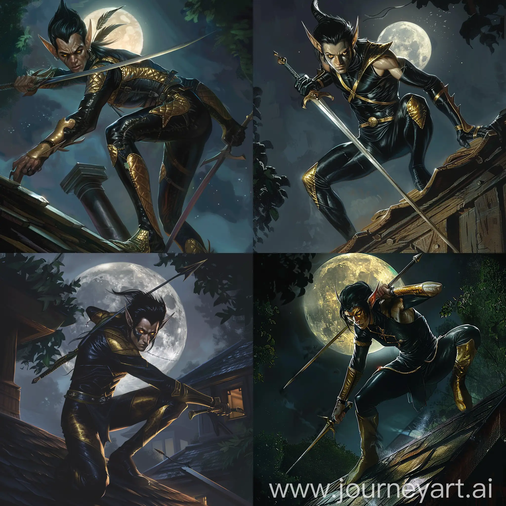 a male elf, wearing black and gold leather spandex, atop a roof in the dark of night, moon in background, wielding a rapier, golden eyes, black hair”
