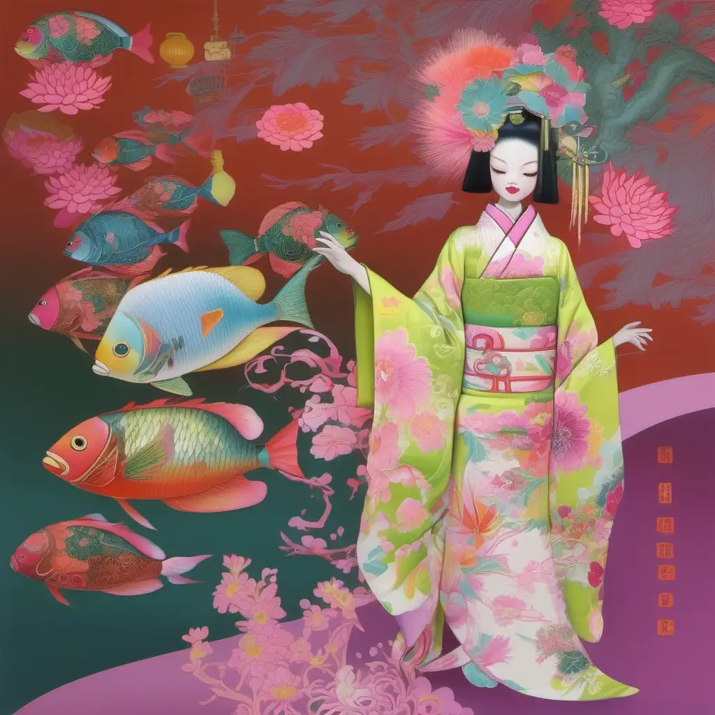 Mechanical asian ladies faces, fantasy dream, chinoiserie, mechanical chartreuse kimono, hot pink chrysanthemums, orange and pink angel fish