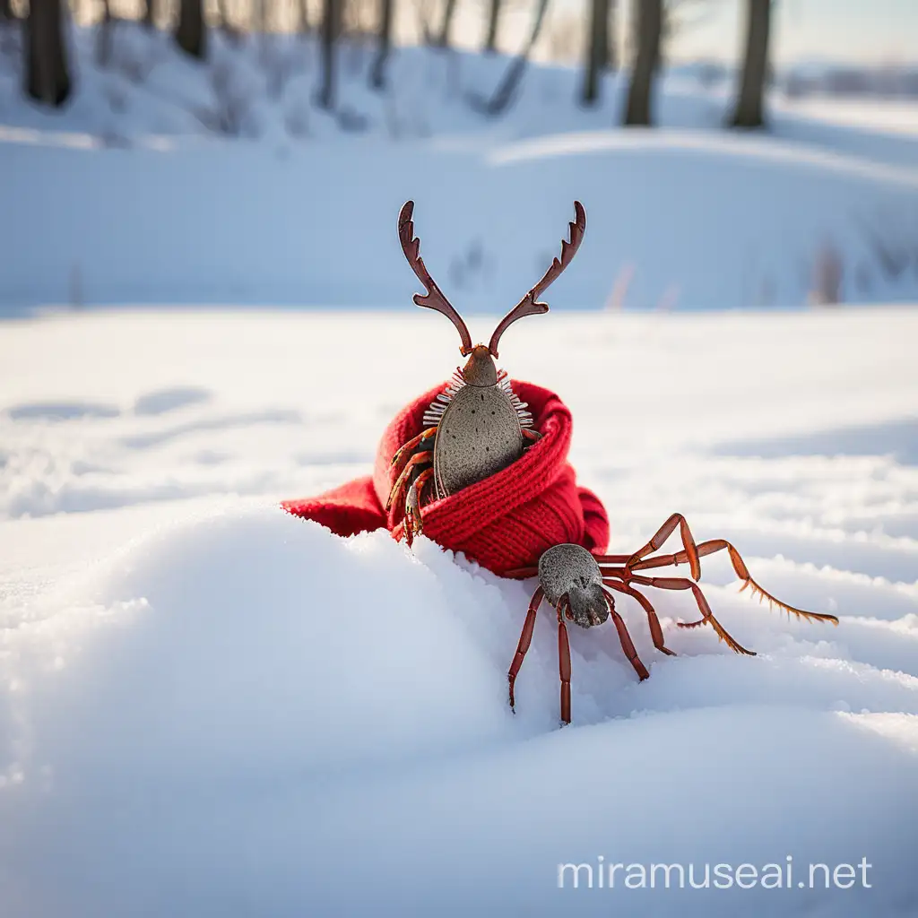 Red ScarfWearing Tick by Snowbank