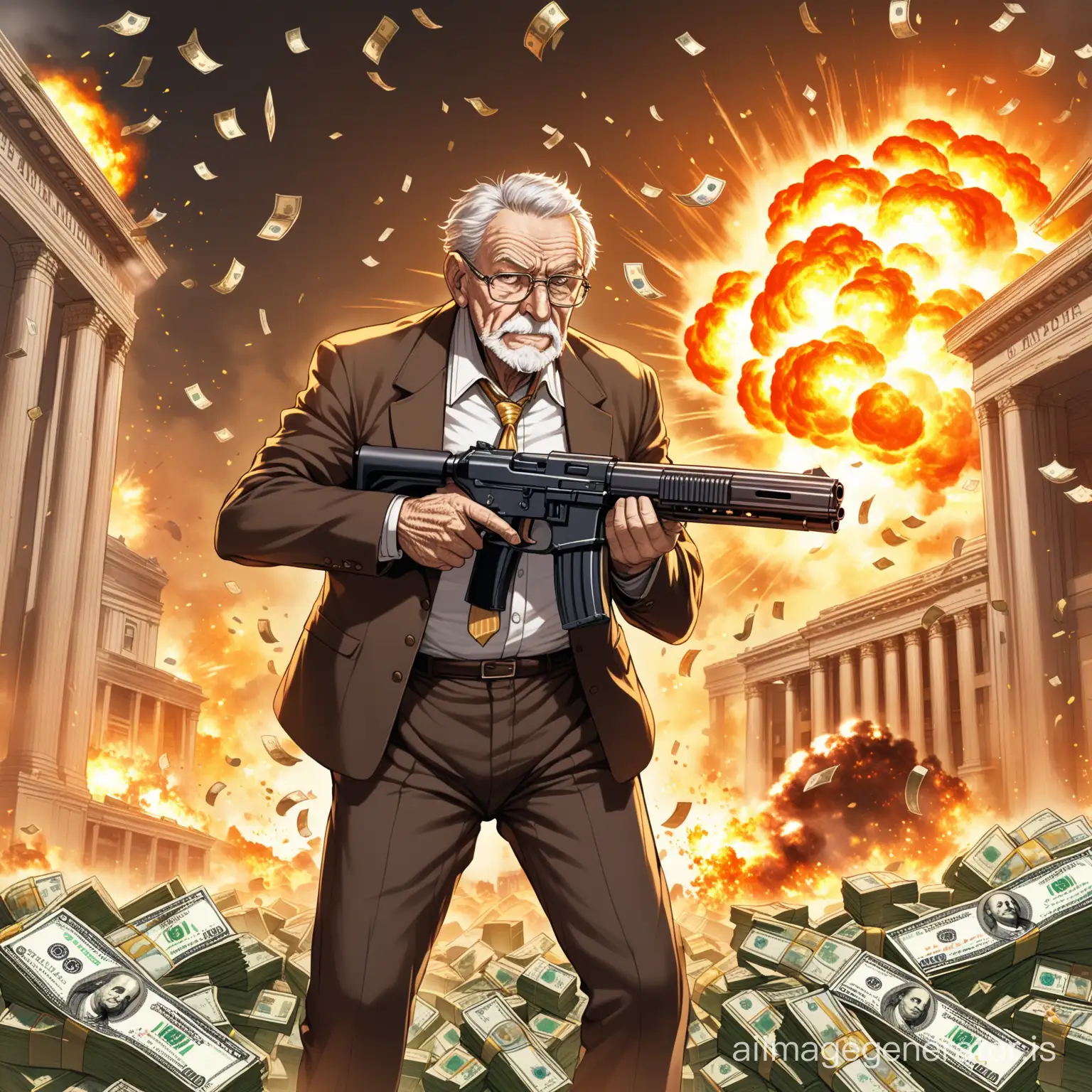 a granpa that's holding a gun in a bank with money everywhere his body is skinny there is a explosion behind him