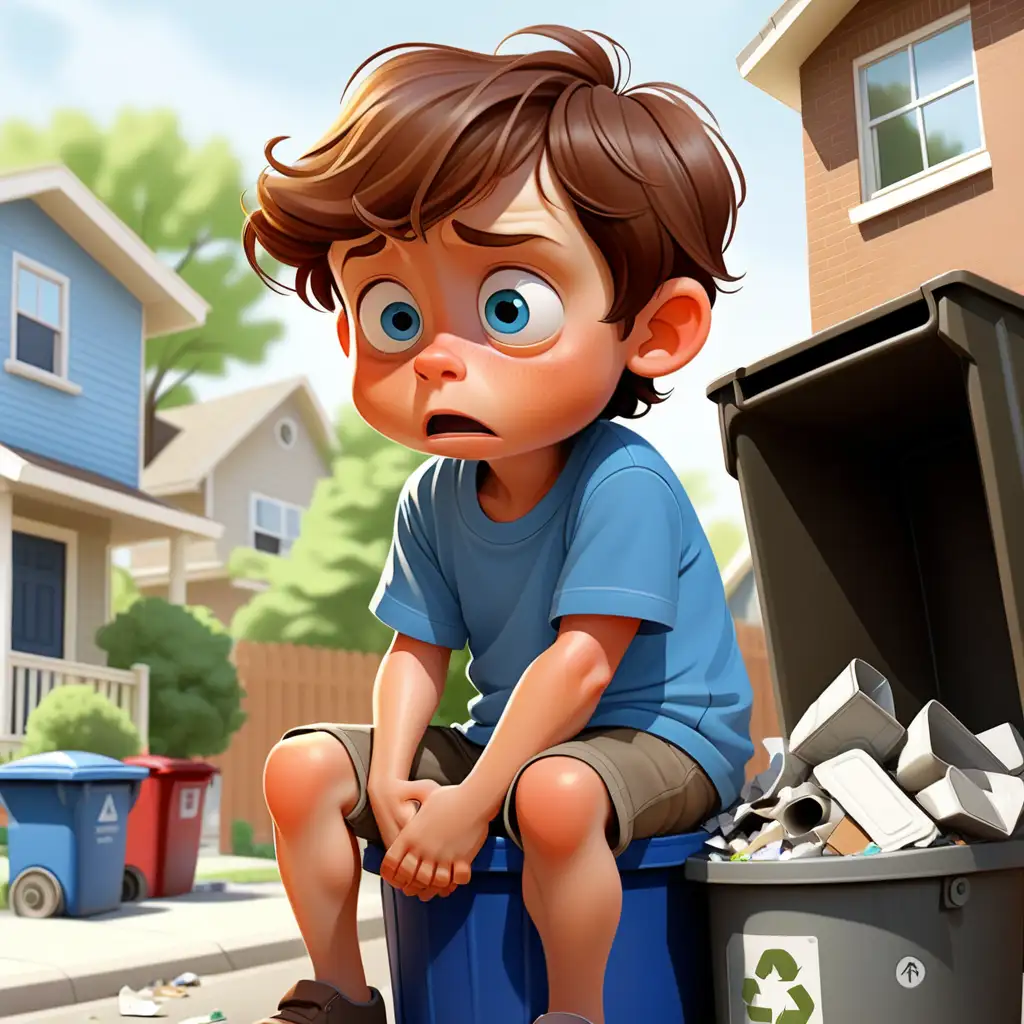 <Children's book Cover> vivid color, Little Boy 4 years old, wearing a blue shirt,brown hair, worried look on his face. He is sitting on top of  a garbage can at the end of his sidewalk from his house.pregnant mother holding her belly in the background