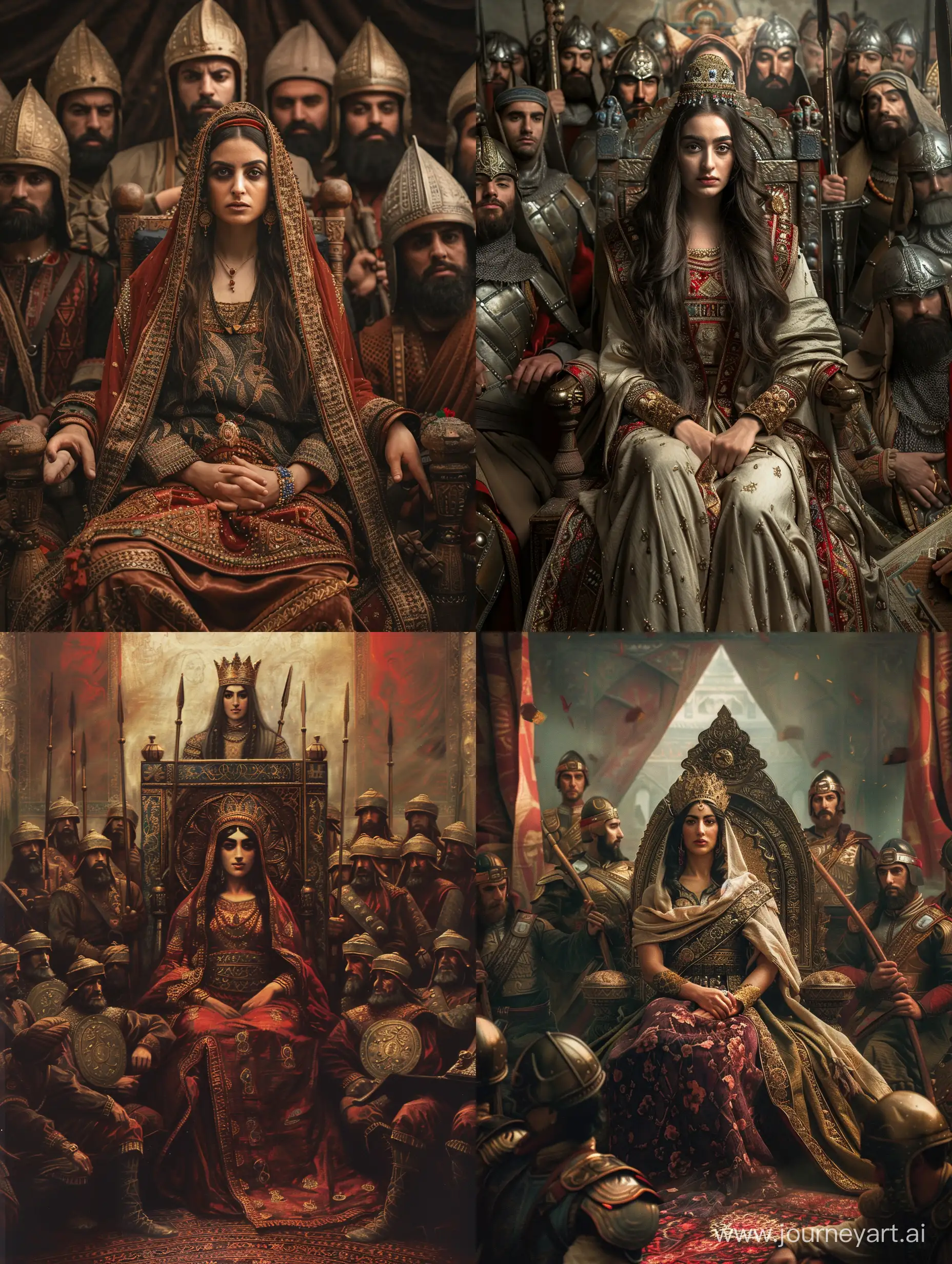 تصویر واقعی از پوراندخت، اولین زنی که در ایران پادشاه شد بر روی تخت پادشاهی و ارتش سربازان در کنار او
