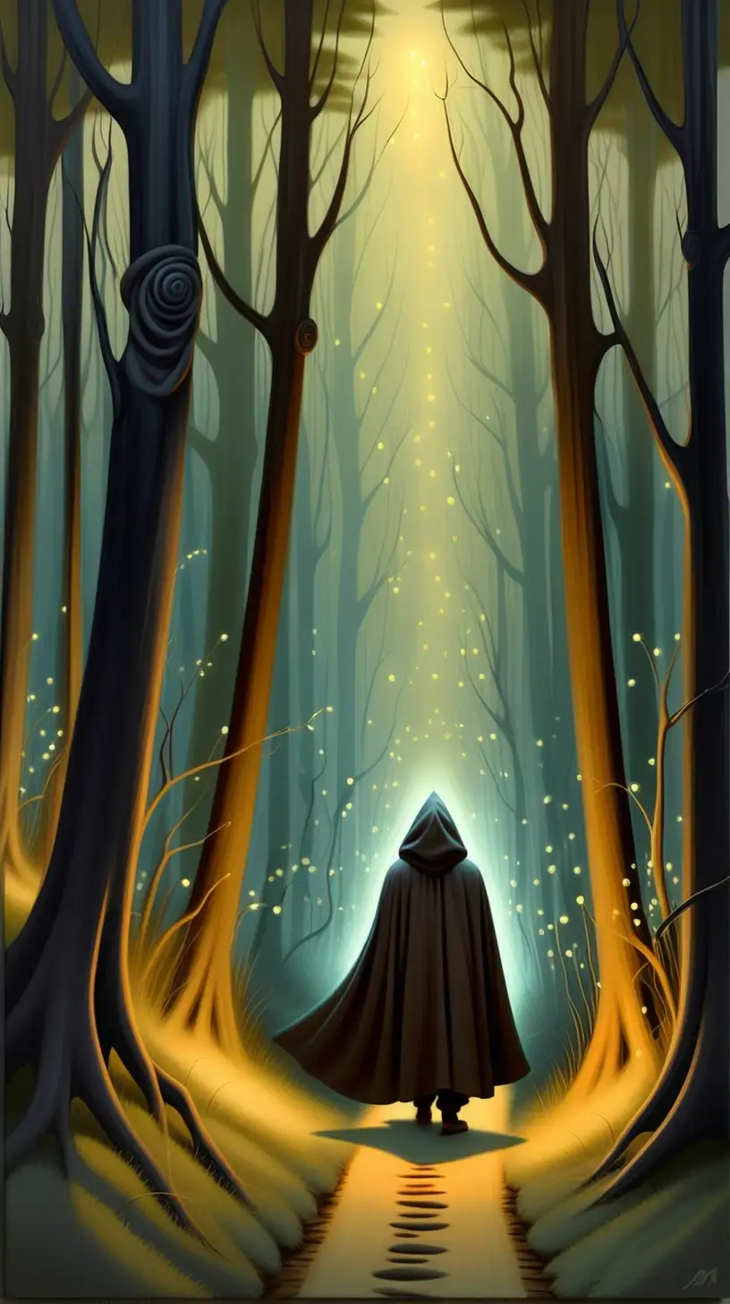 На картине изображен загадочный лес в сумеречных лучах. Деревья обрамляют узкую тропинку, по которой идет фигура в плаще с капюшоном, чье лицо скрыто в тени. Вокруг летают странные светлячки, освещая путь таинственному путнику.