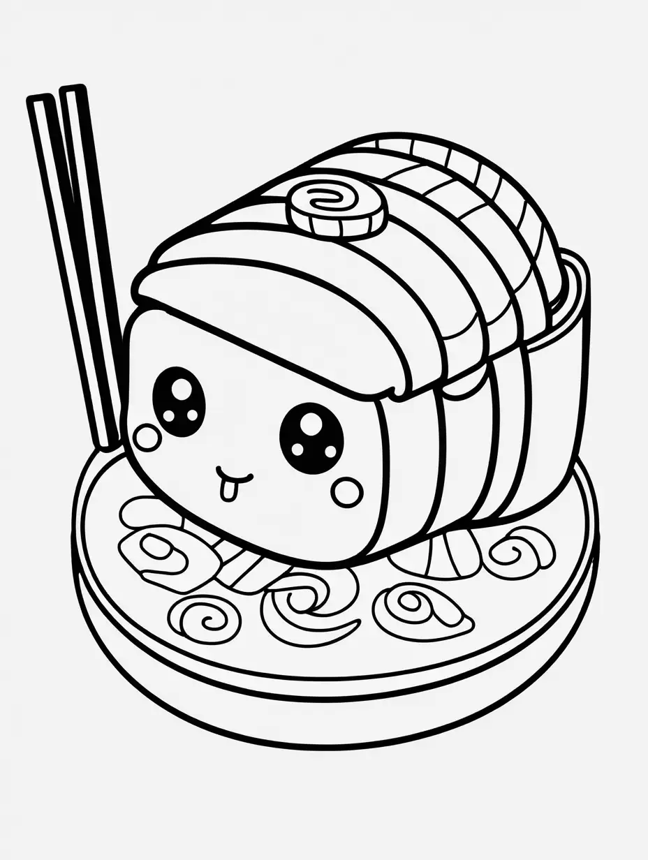 coloring book, cartoon drawing, clean black and white, single line, white background, cute sushi