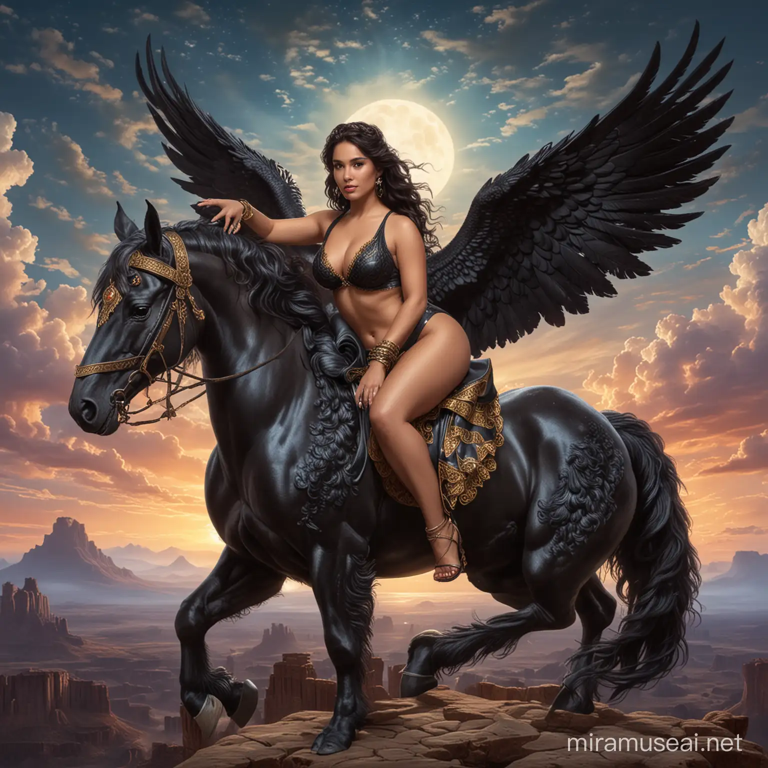 Voluptuous latina goddess, sitting atop a black Pegasus