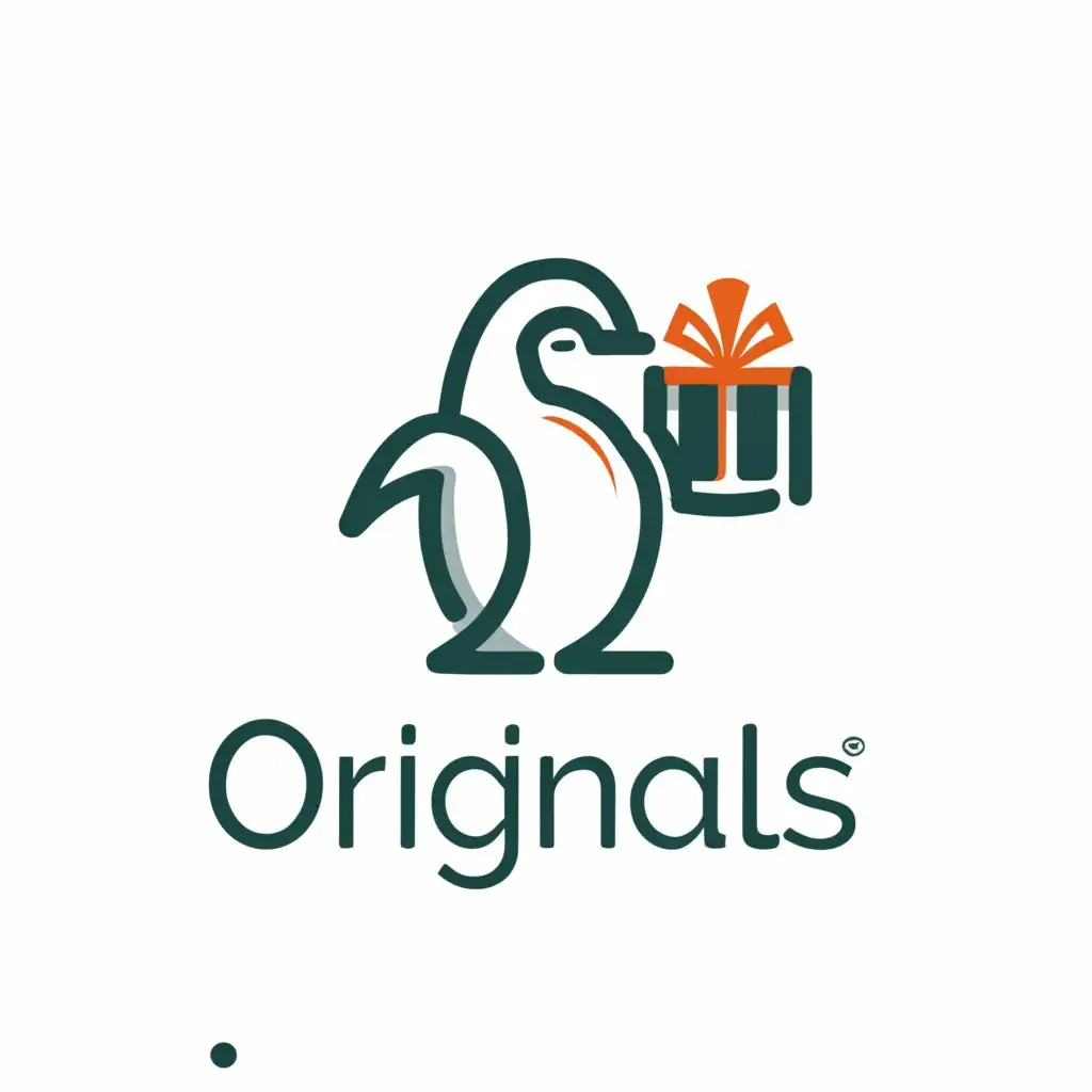 LOGO-Design-for-Originals-Whimsical-Penguin-Holding-Gift-with-Text-Originals