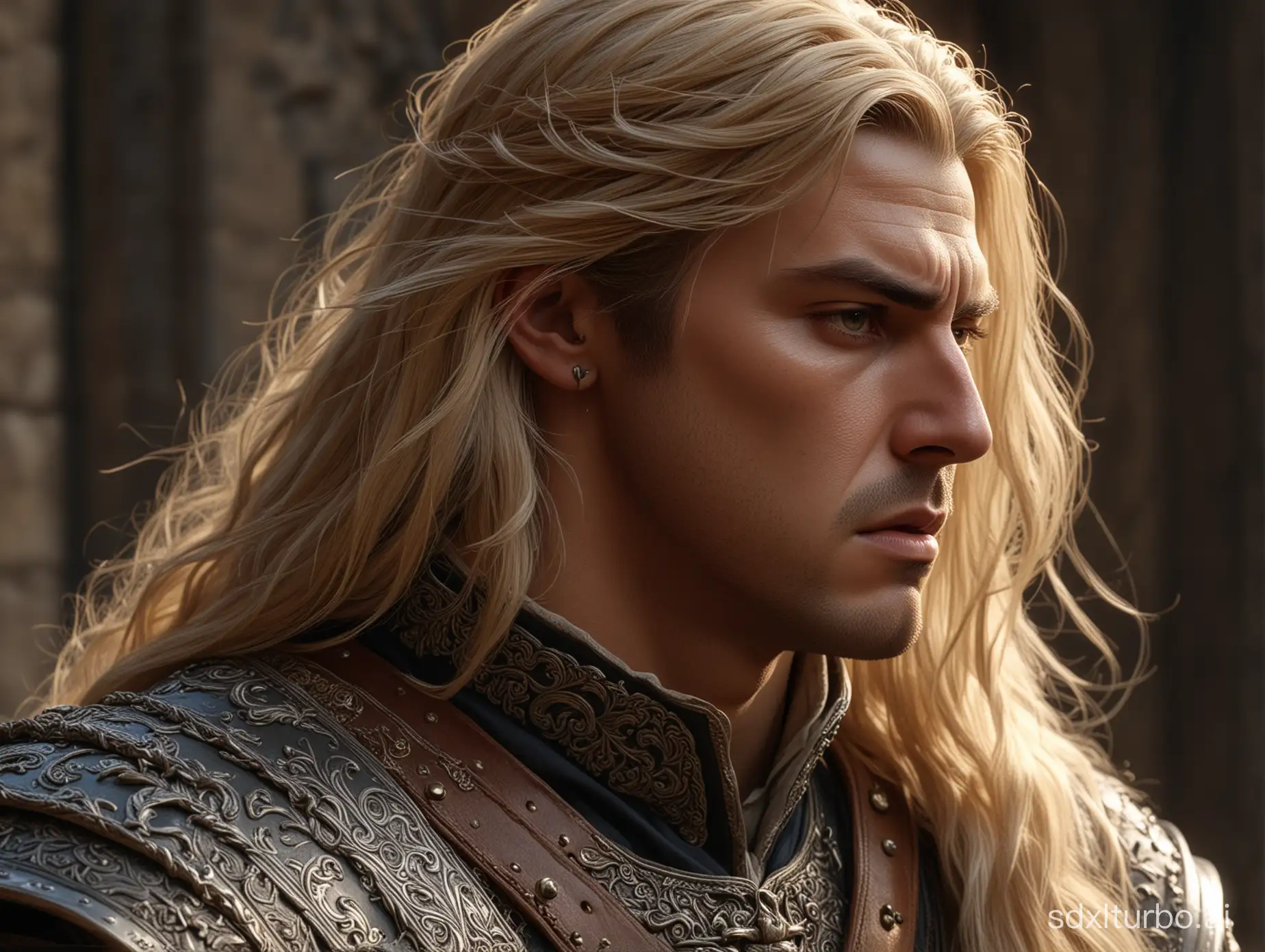 a handsome angry man of 35 with long blond hair in rich medieval costume , perfect composition, beautiful detailed intricate insanely detailed octane render trending on artstation, 8 k, photorealistic concept art, soft natural volumetric cinematic perfect light, chiaroscuro,  masterpiece, caravaggio, greg rutkowski