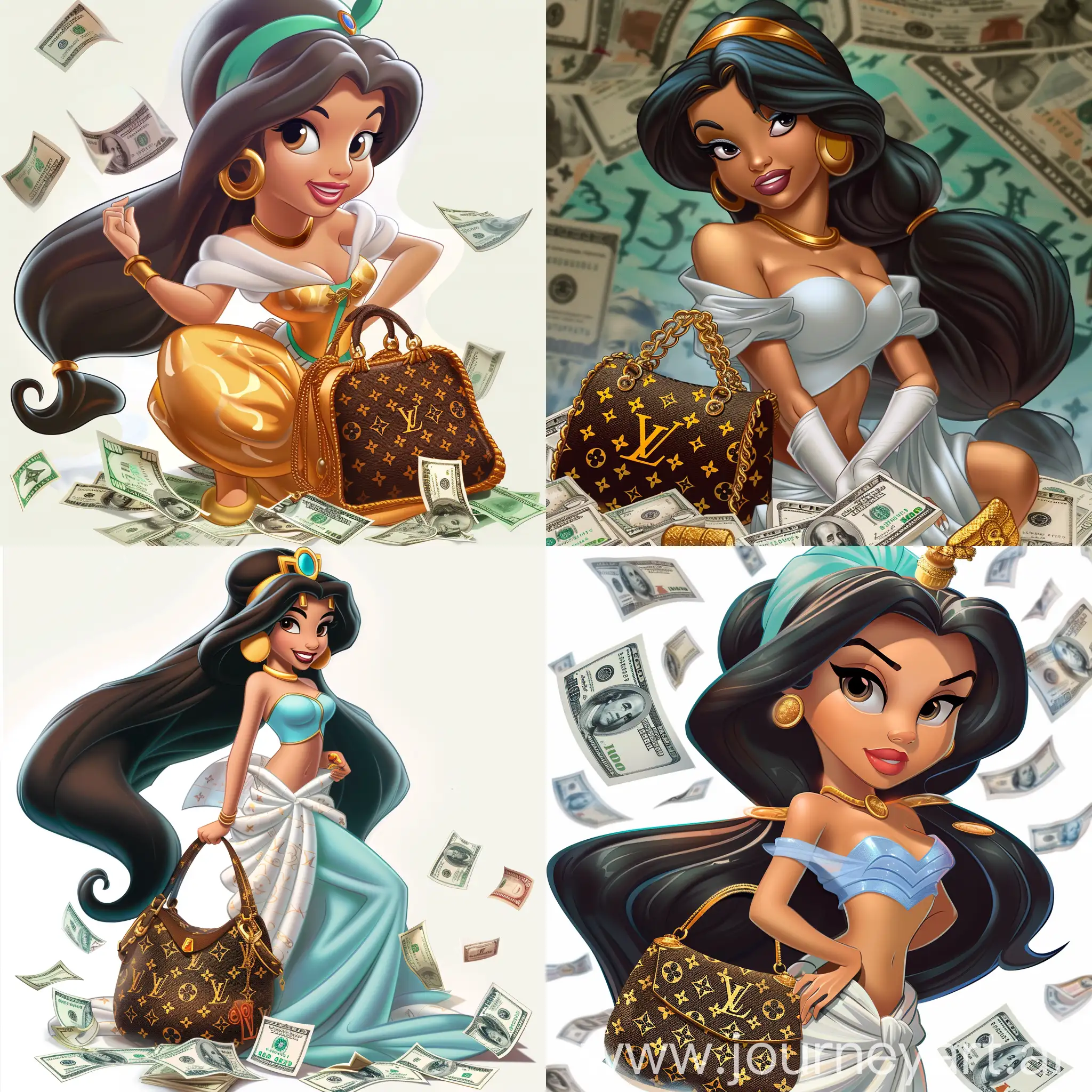 Princess Jasmine, with a Louis Vuitton bag. There is a lot of money scattered around, dollars. Everything is in the style of a cartoon.
