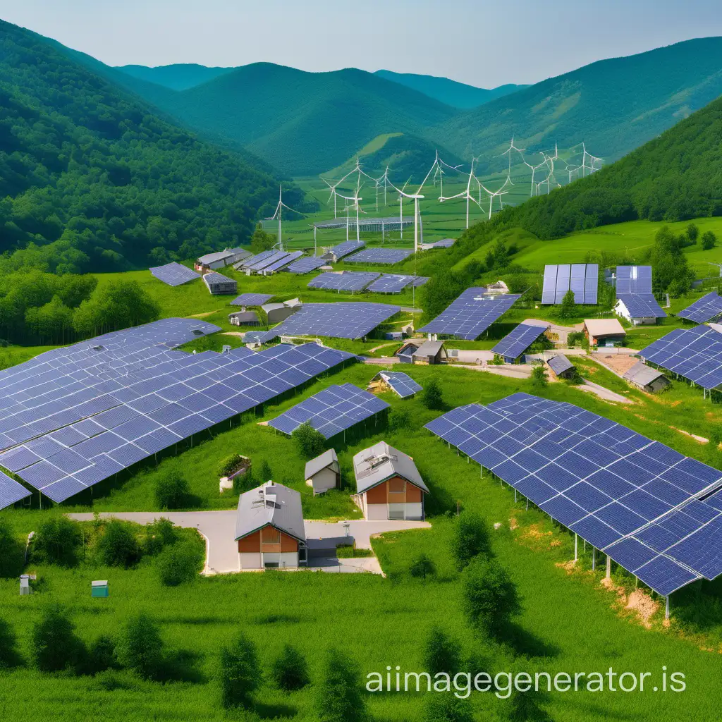Landscape of a village surrounded by photovoltaic panels, power plants, and wind turbines; there are green mountains with forests behind the village.