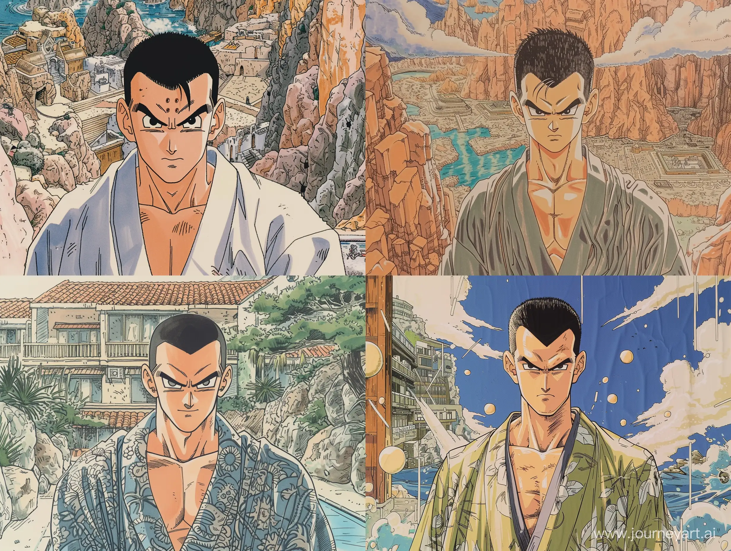 Akira Toriyama's manga style depicts a man wearing a robe in a Dragon Ball Z environment. The artwork is colored and features the man looking at the viewer with short hair, characteristic of the 90s visuals.

